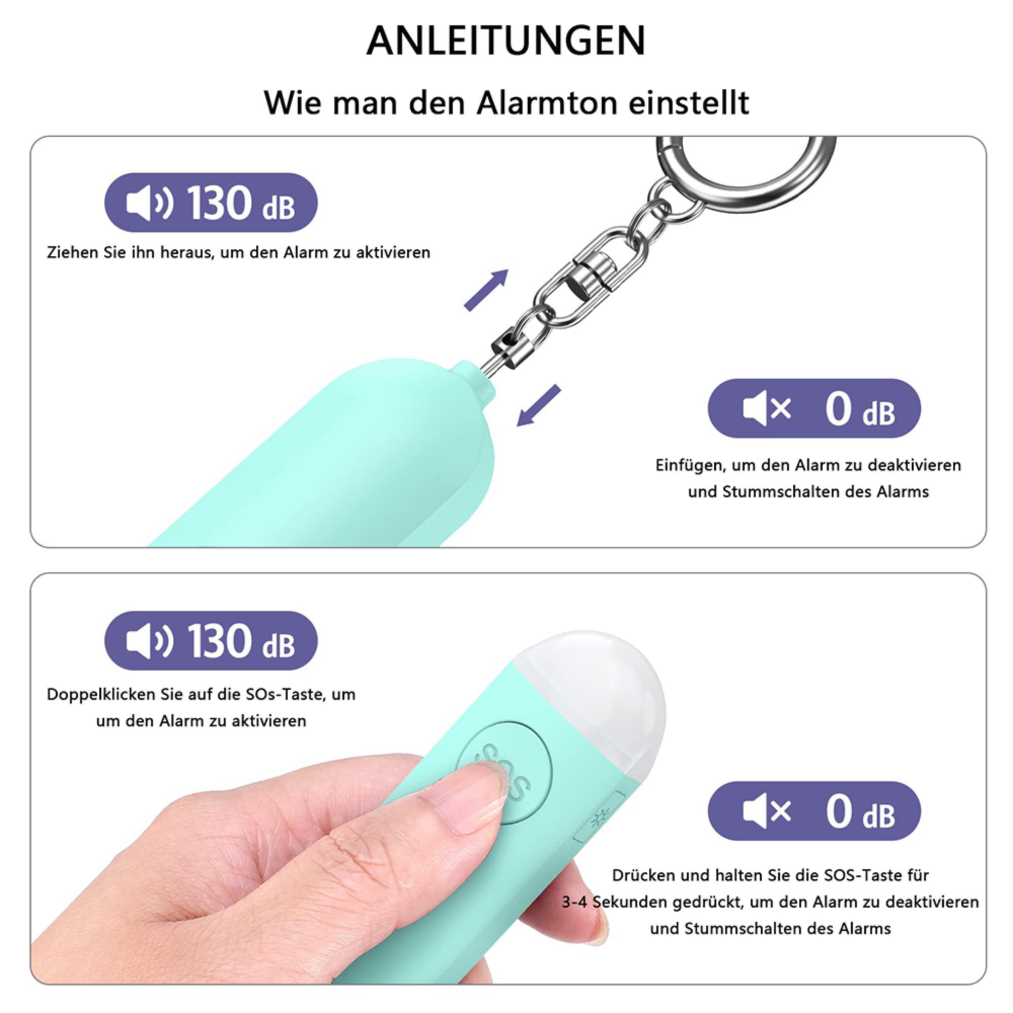 Anleitungen zum Einstellen des Alarmtons: 130 dB Aktivierung durch Ziehen, 0 dB Deaktivierung durch Einfügen.