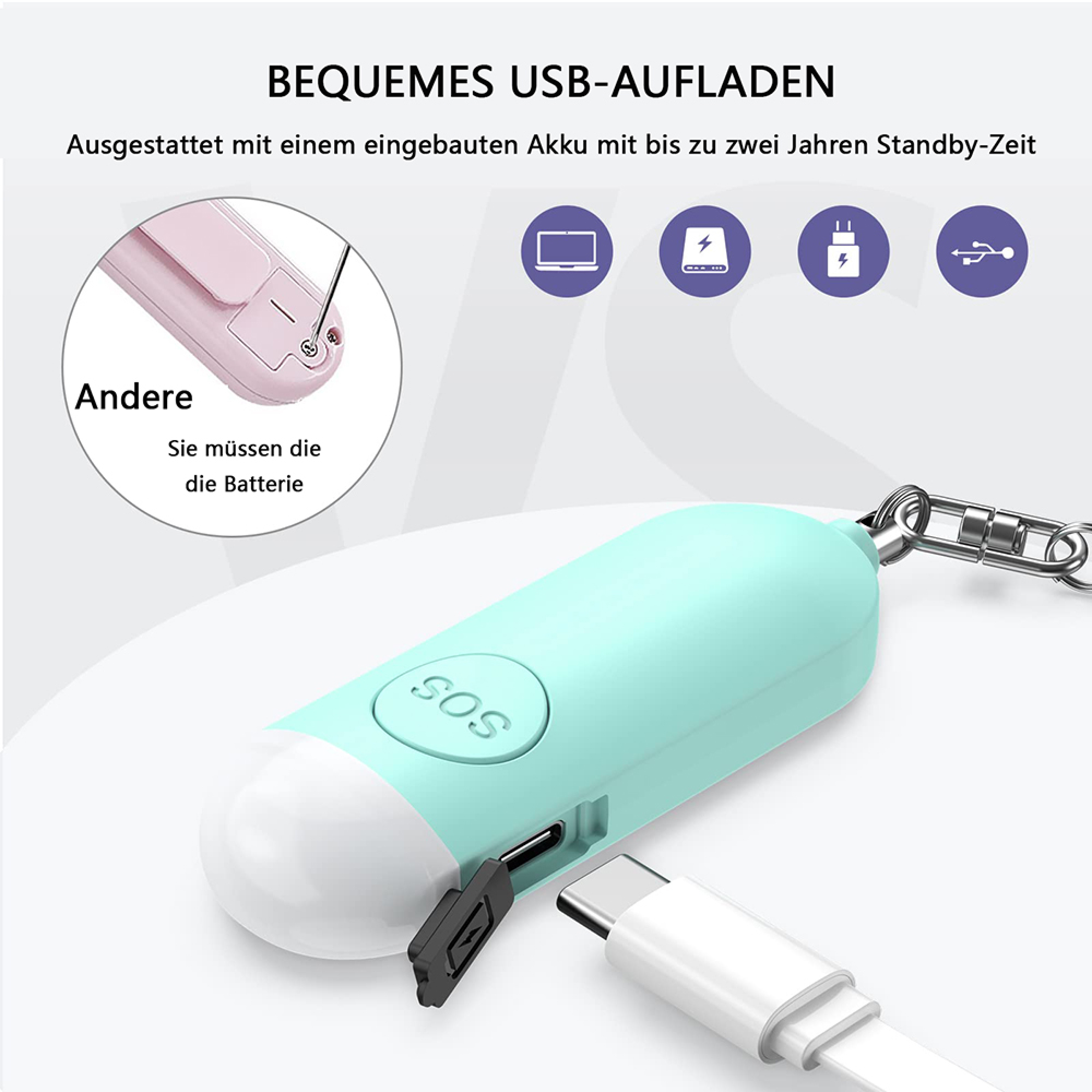 Ein mintgrünes SOS-Gerät mit USB-C-Anschluss und Schlüsselring wird gezeigt.
