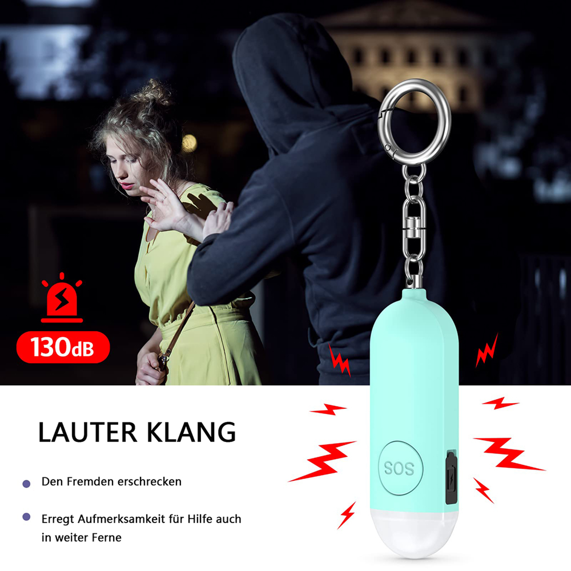 Ein Angreifer bedrängt eine Frau, während ein lauter SOS-Alarm-Schlüsselanhänger zu sehen ist.