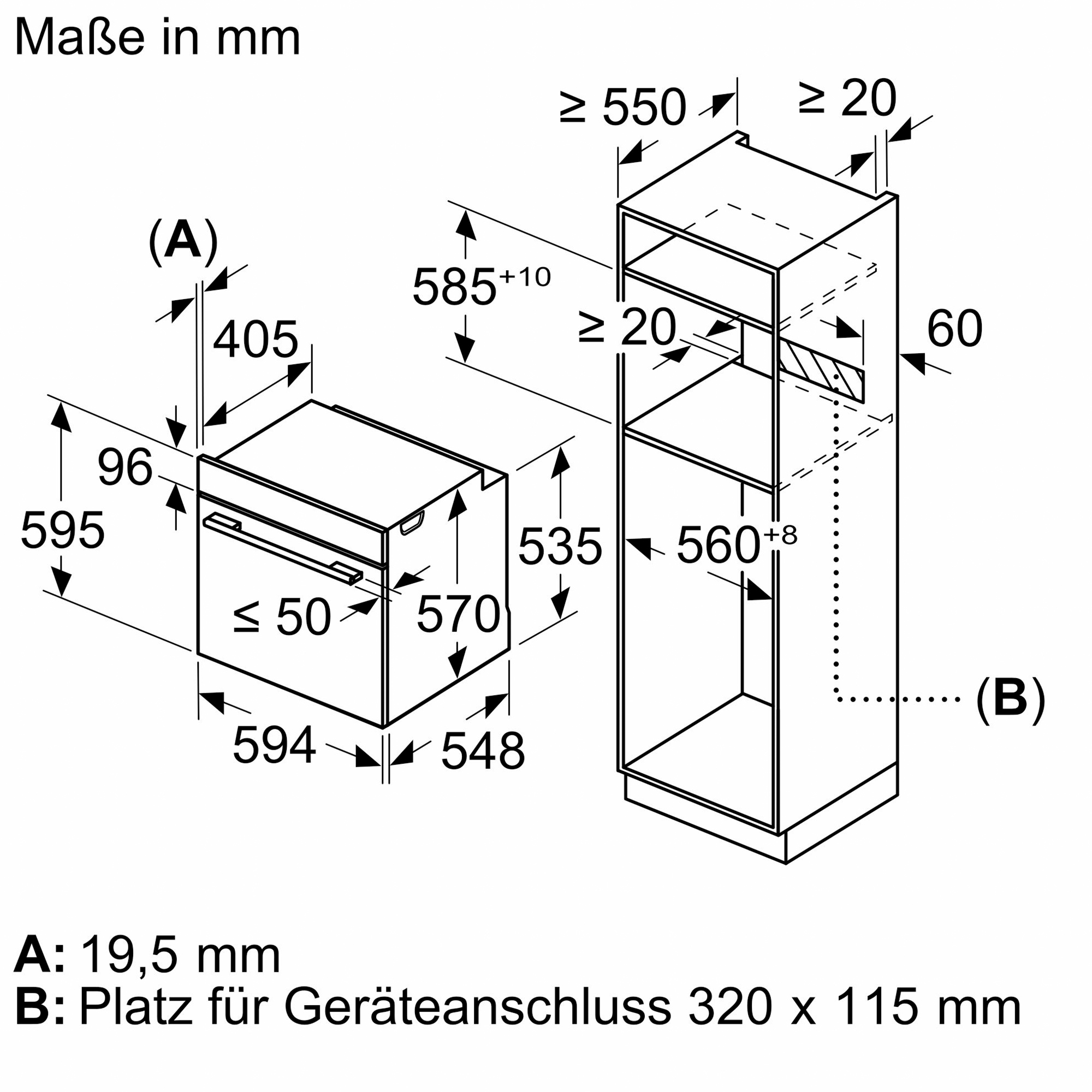Technische Zeichnung mit Maßen für Einbaugeräte. Links ein Ofen, rechts ein Schrank.