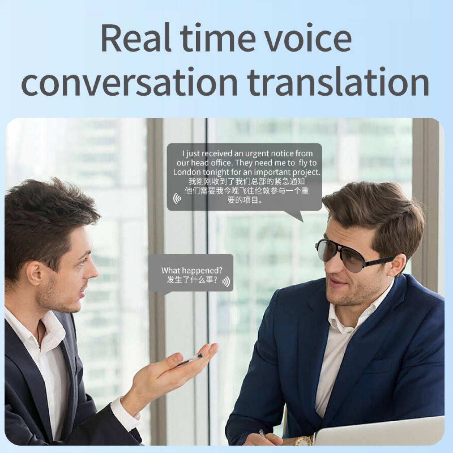 Zwei Männer im Anzug sprechen. Über ihnen sind Textblasen.