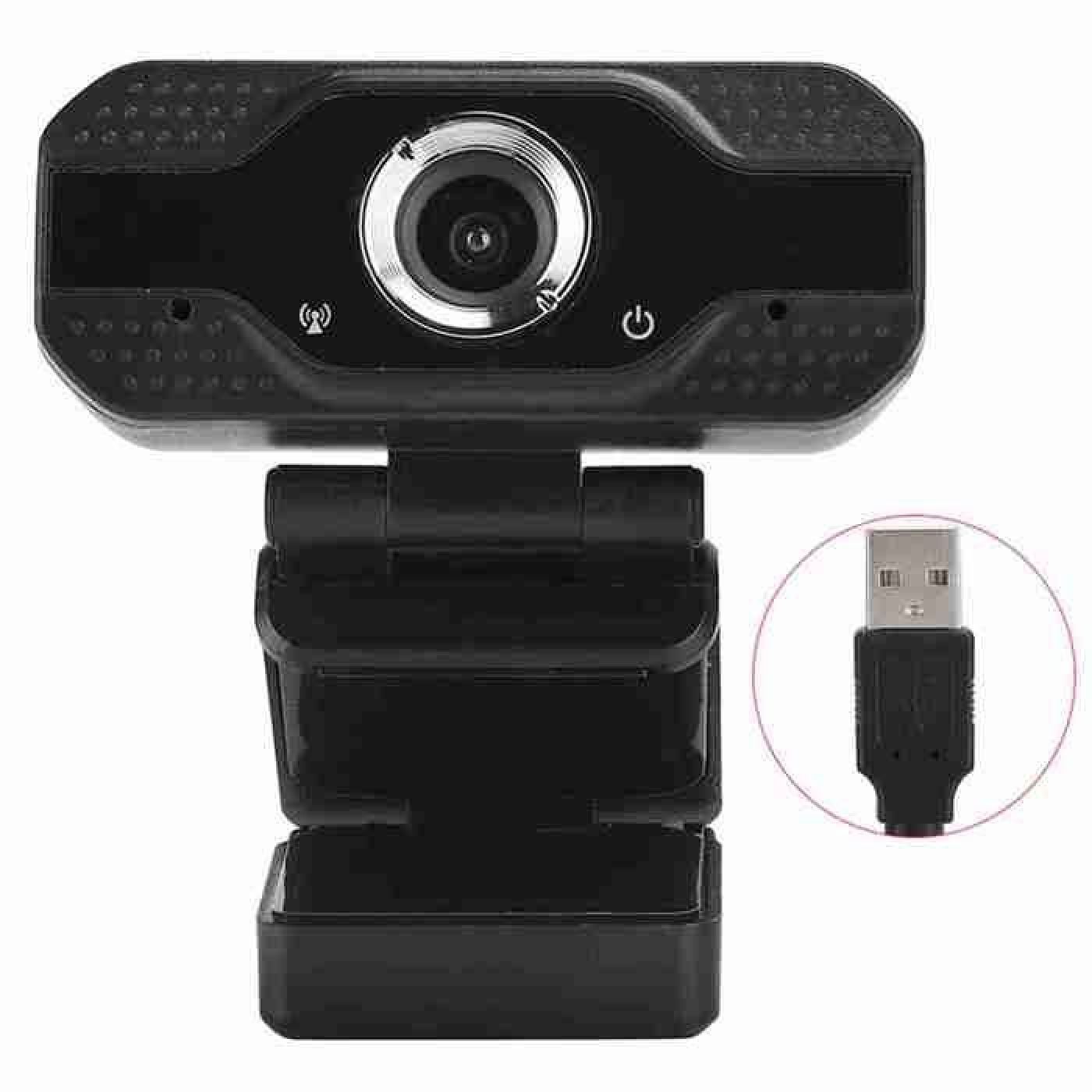 Eine schwarze Webcam mit USB-Anschluss ist auf weißem Hintergrund abgebildet.