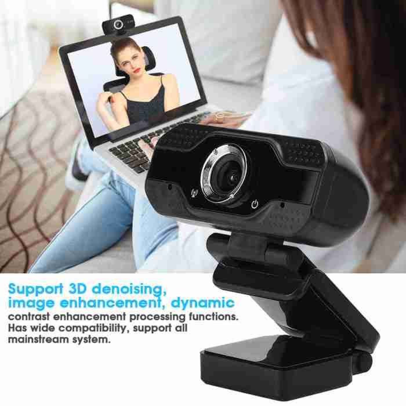 Eine Person benutzt einen Laptop mit einer Webcam. Der Text beschreibt die Funktionen der Webcam.