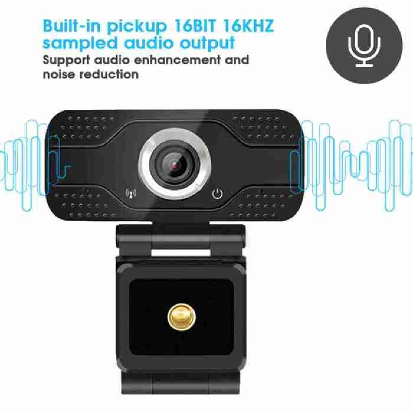 Eine schwarze Webcam mit Mikrofon und Audio-Wellenform-Grafiken.