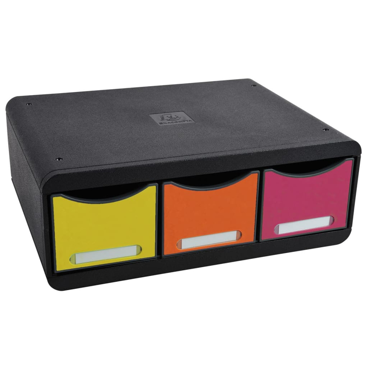 Unità di archiviazione nera con tre cassetti gialli, arancioni e rosa.