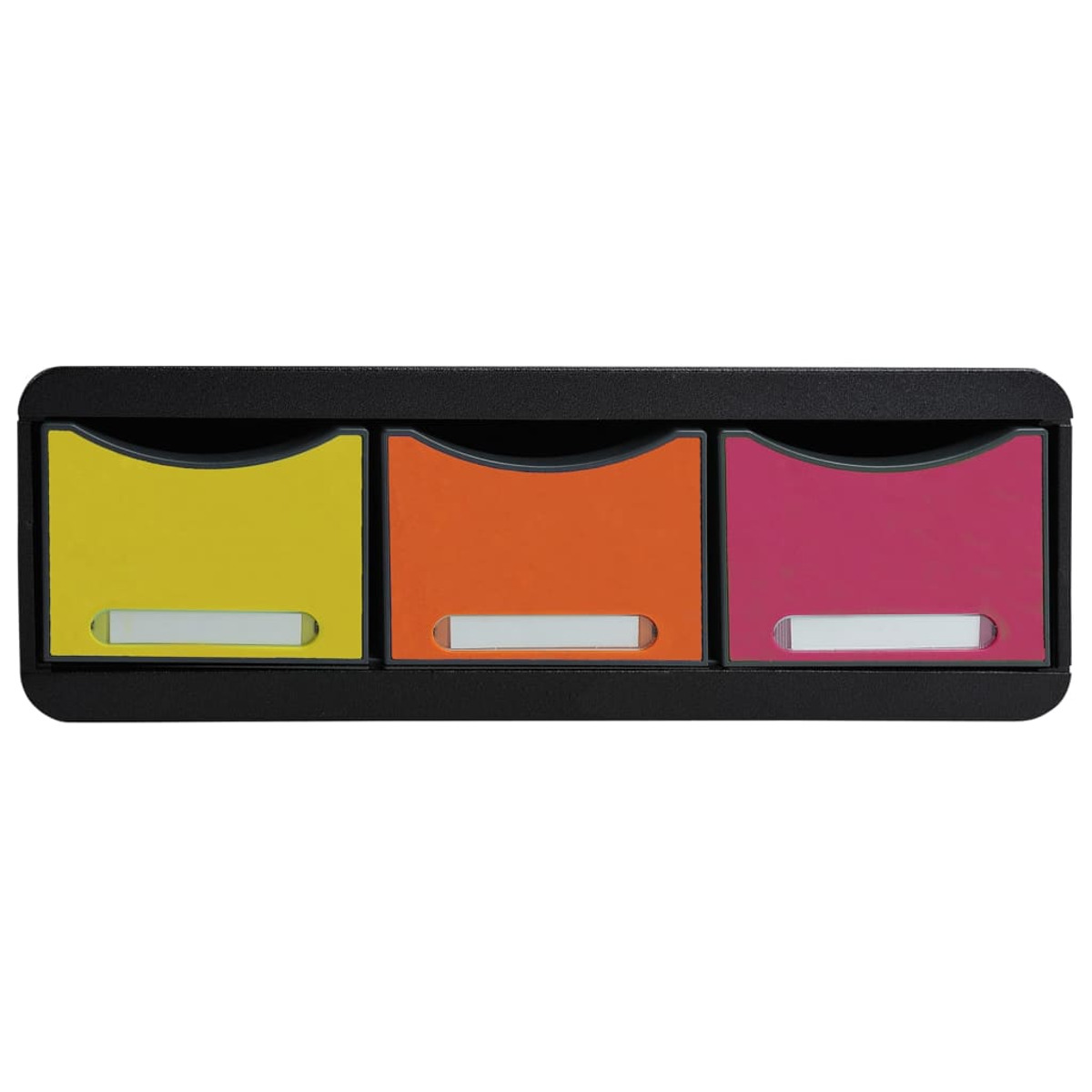 Organizzatore nero con tre cassetti gialli, arancioni e rosa.