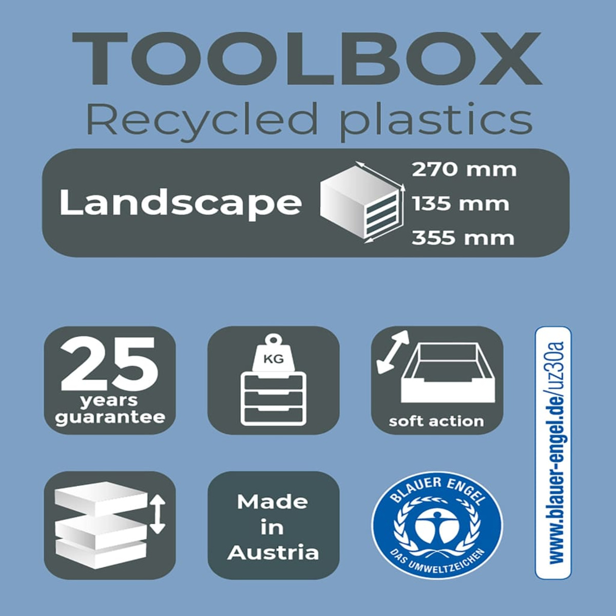 Cassetta degli attrezzi in plastica riciclata, 25 anni di garanzia.