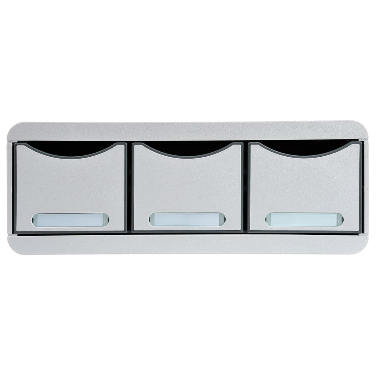 Modulo contenitore grigio con tre cassetti e fessure traslucide.