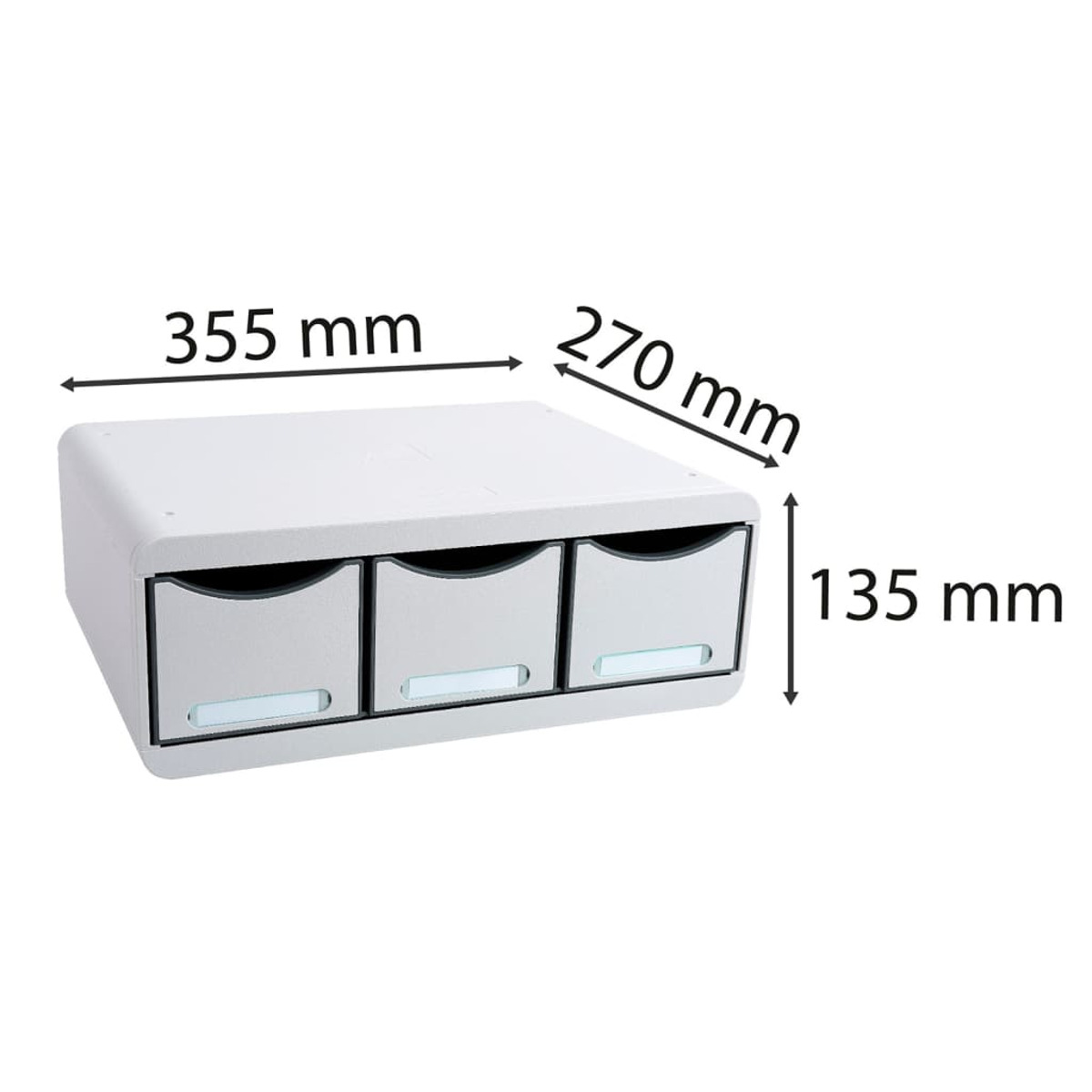 Scatola portaoggetti bianca con tre cassetti, dimensioni 355x270x135 mm.