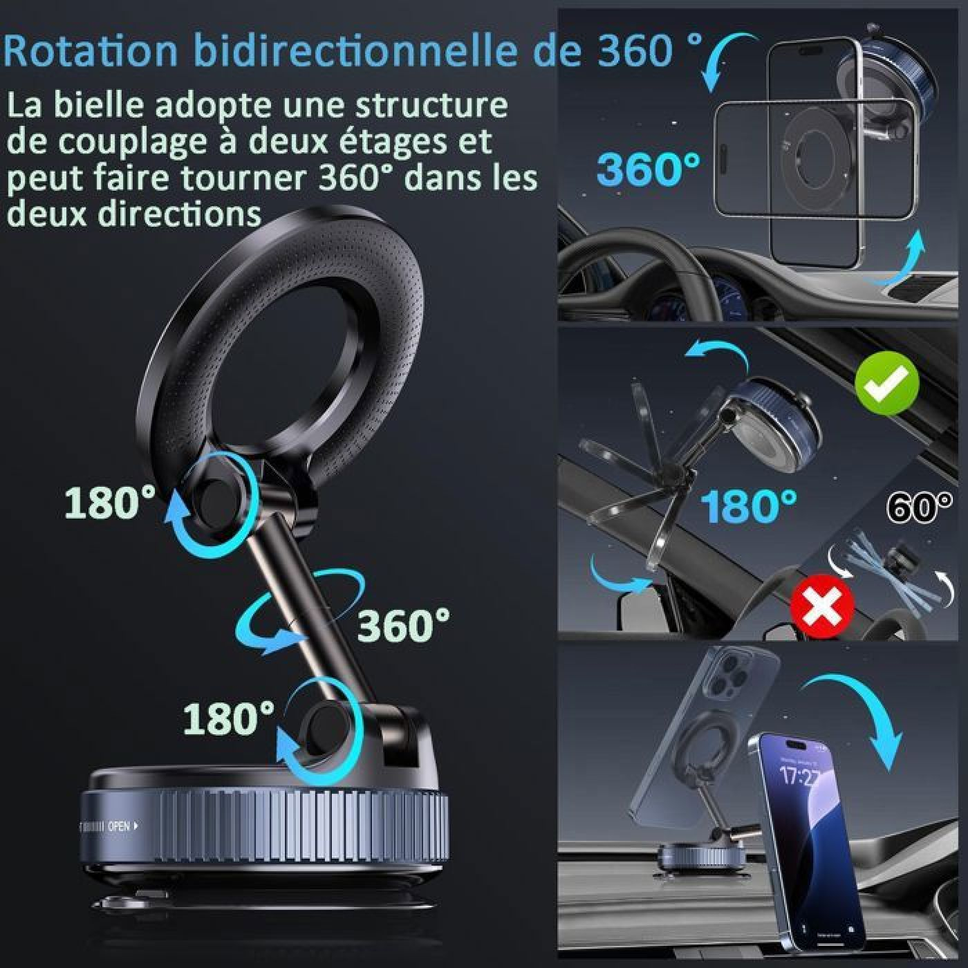 Ein schwarzer Handyhalter mit 360°-Drehung, der an einer Windschutzscheibe befestigt ist.