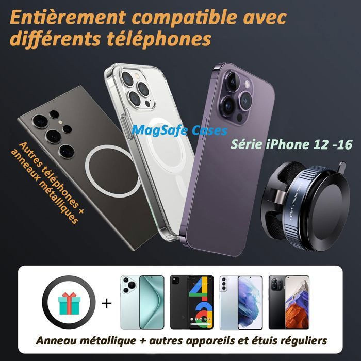 Verschiedene Handys mit MagSafe-Hüllen und Metallringen.