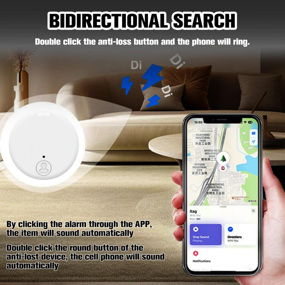 Ein weißer Tracker liegt auf einem Teppich neben einem Smartphone mit einer Karte.