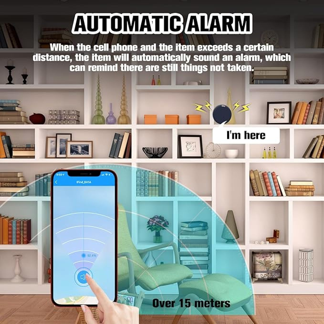 Ein Smartphone zeigt eine App, die einen Alarm auslöst, wenn ein Gegenstand zu weit entfernt ist.