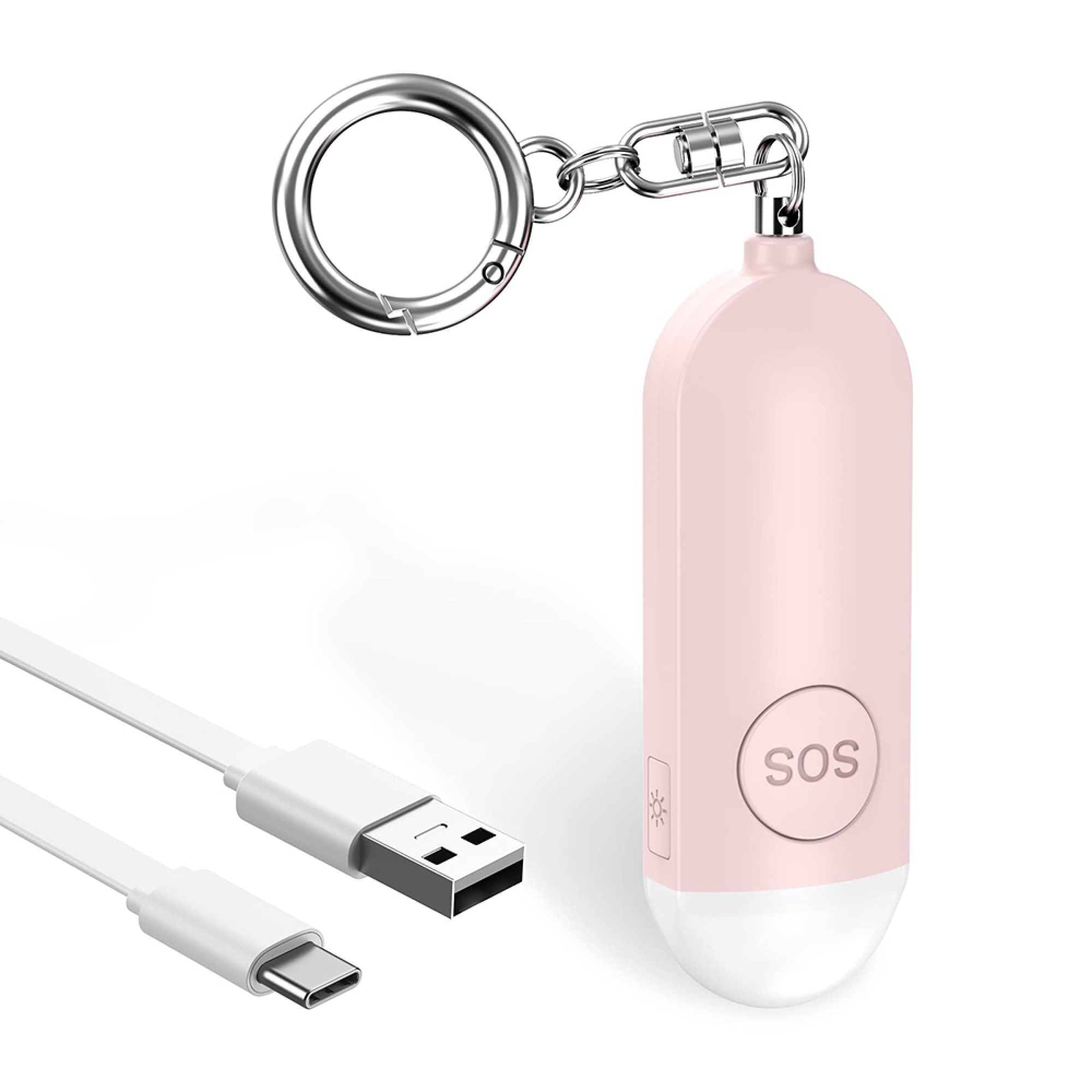 Ein rosafarbener SOS-Schlüsselanhänger mit USB-C-Kabel auf weißem Hintergrund.