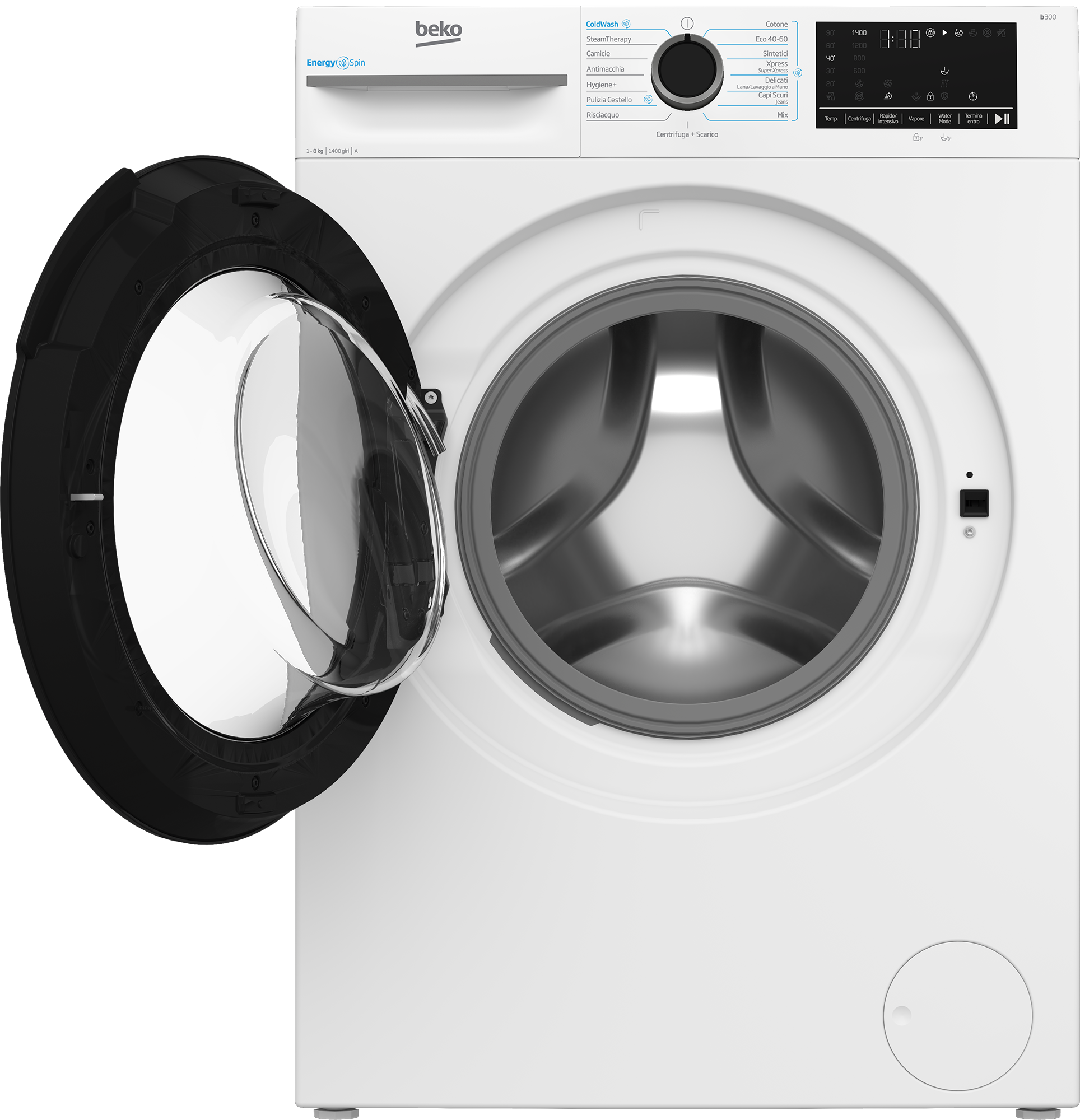 Una lavatrice Beko bianca con oblò aperto, che rivela l'interno del cestello.