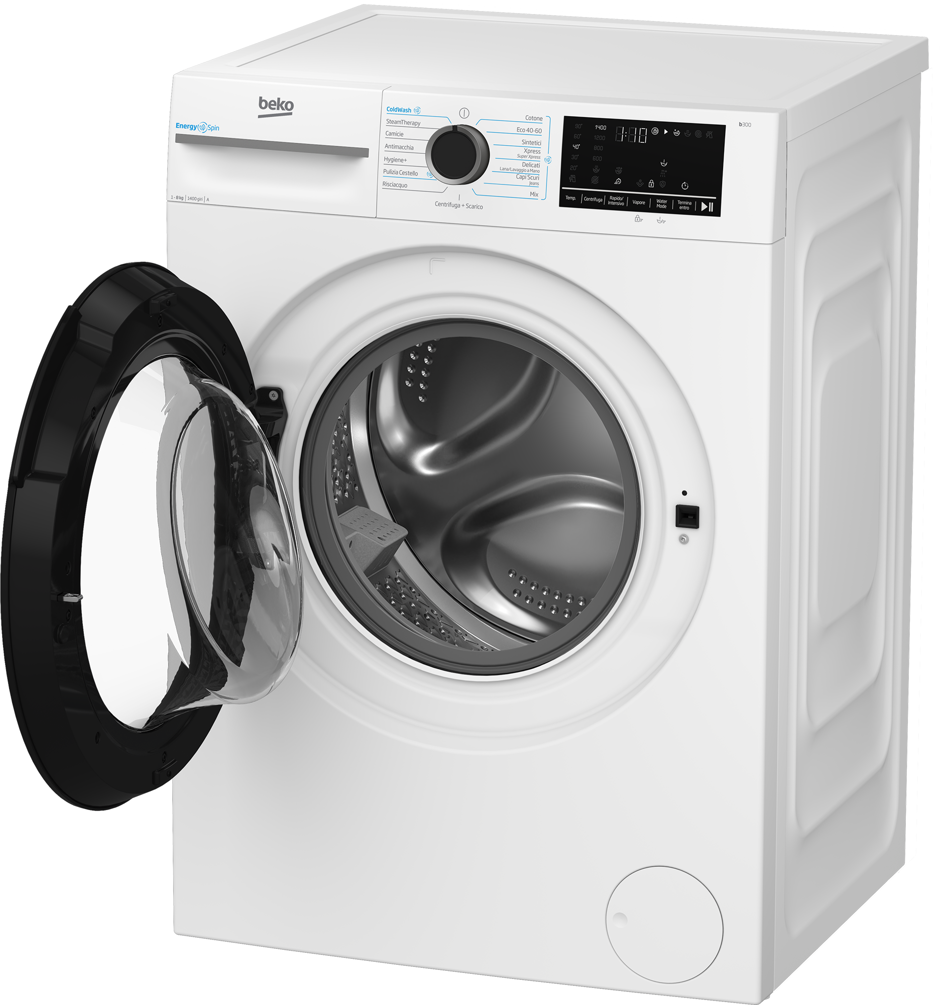 Una lavatrice Beko bianca con oblò aperto, tamburo e pannello di controllo visibili.