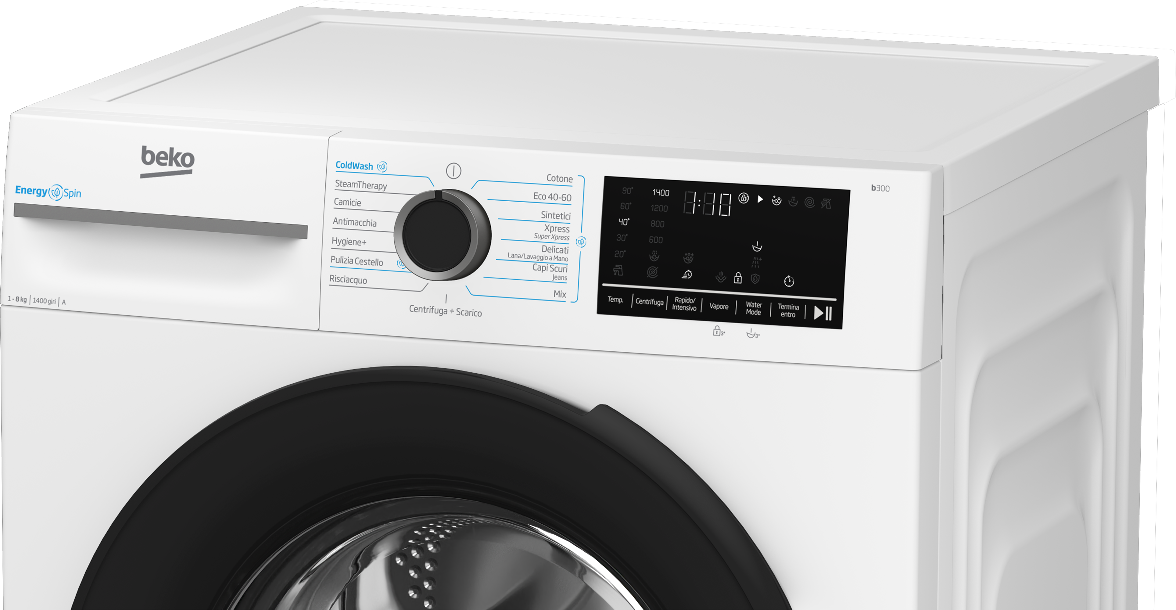 Lavatrice Beko bianca con display digitale e selettore programmi.