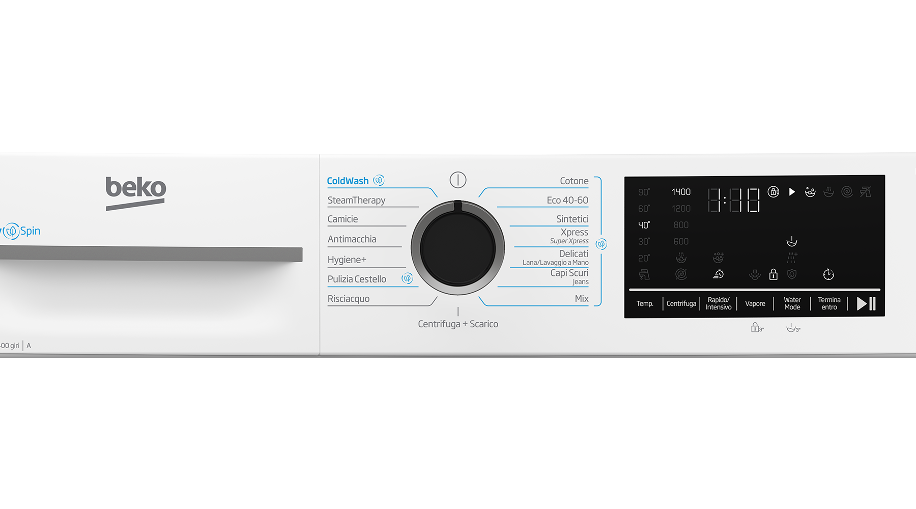 Lavatrice Beko con pannello di controllo e display digitale. Programmi selezionabili.