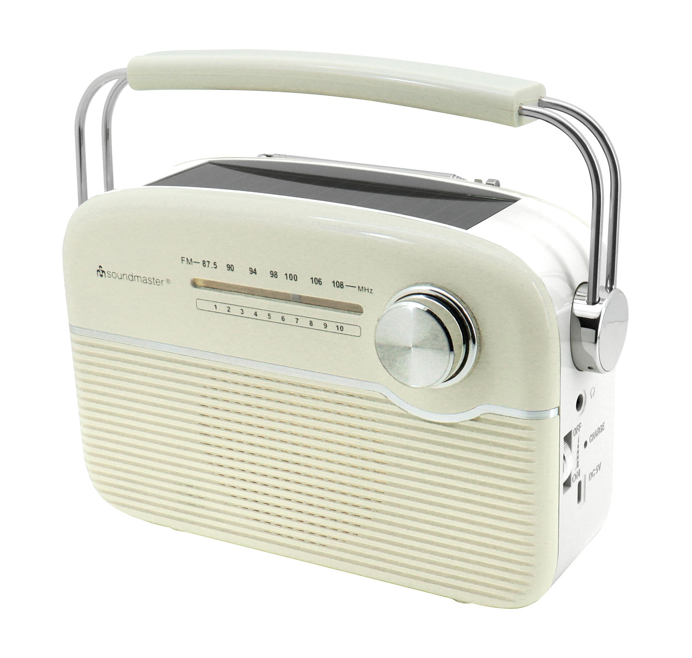 Ein cremefarbener Retro-Radio mit Tragegriff und Solarpanel.