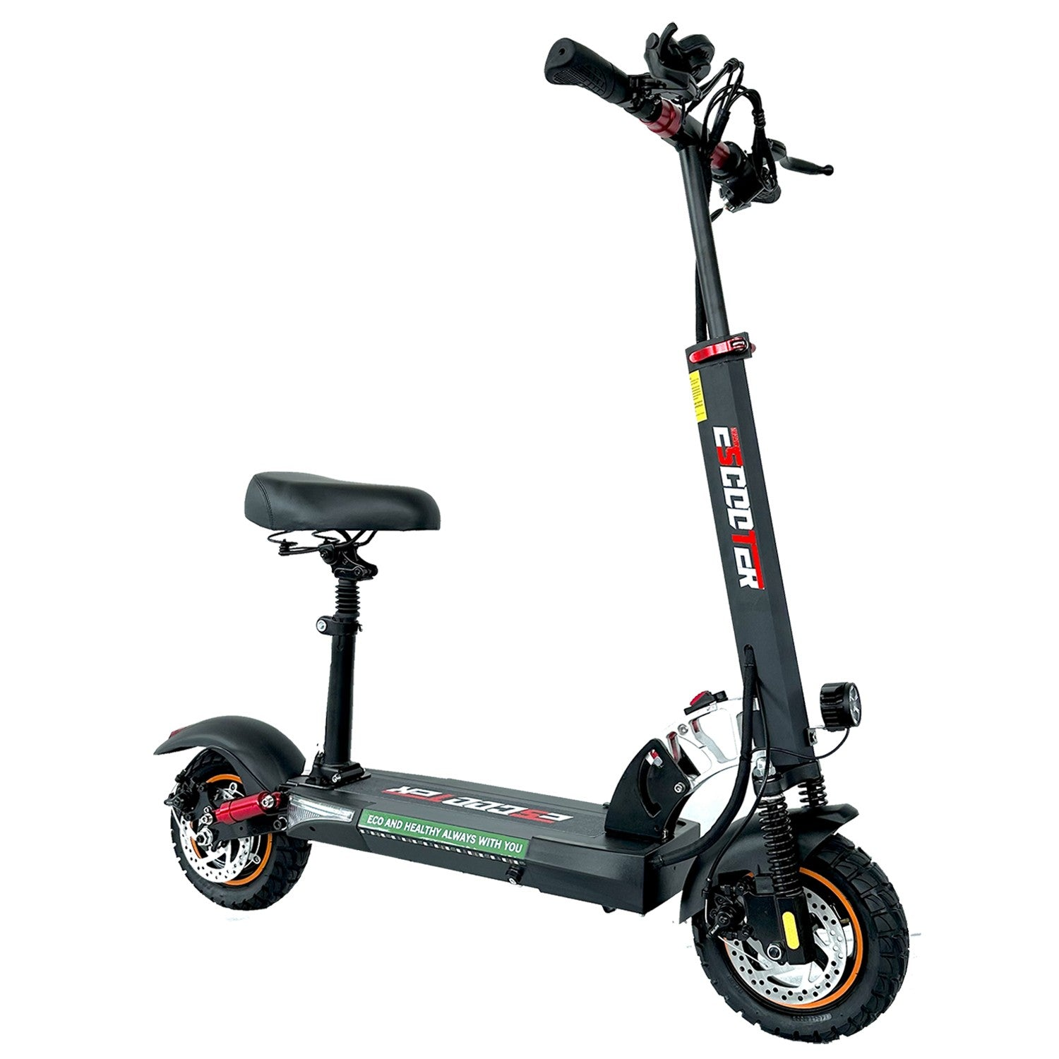 Uno scooter elettrico nero con sedile e accenti arancioni sulle ruote.