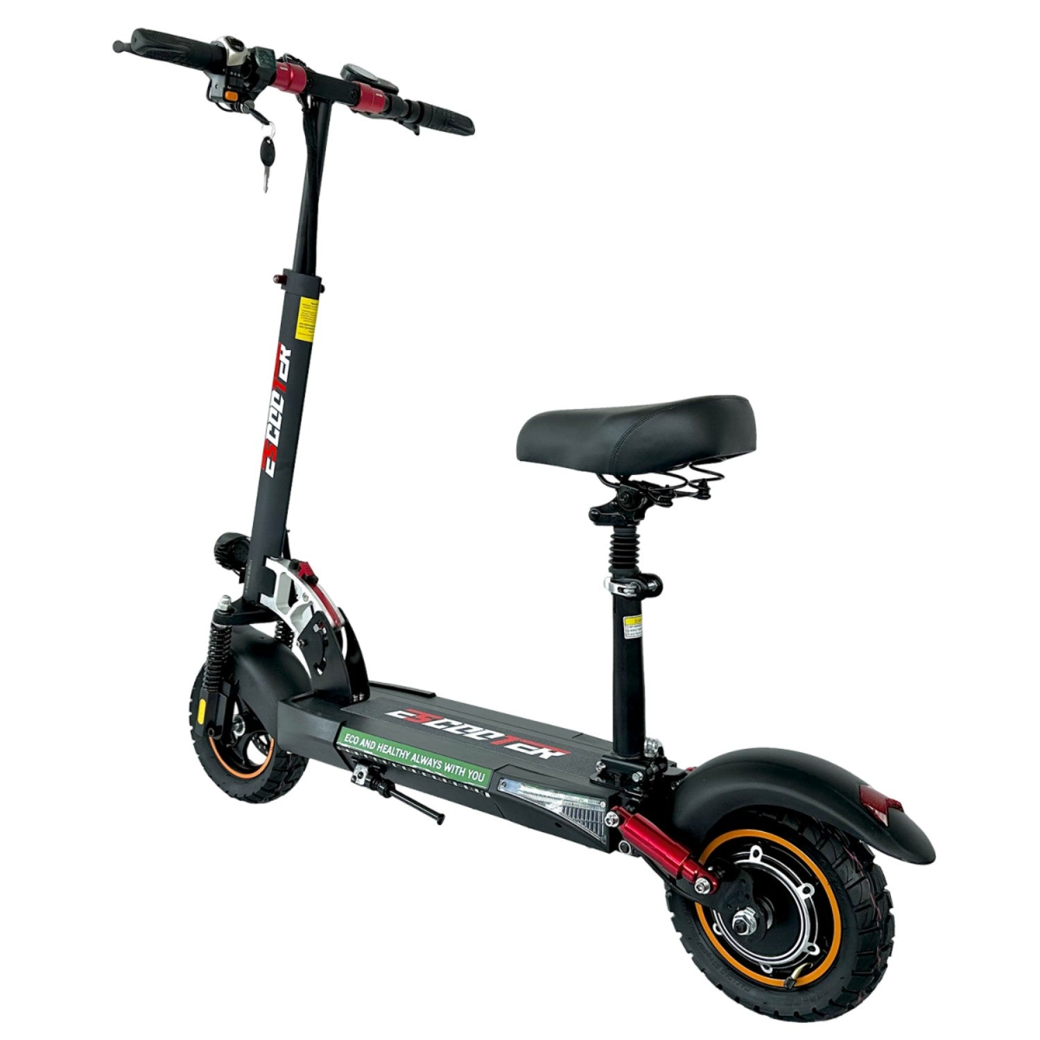 Monopattino elettrico nero con sedile, accenti rossi e manubrio nero.