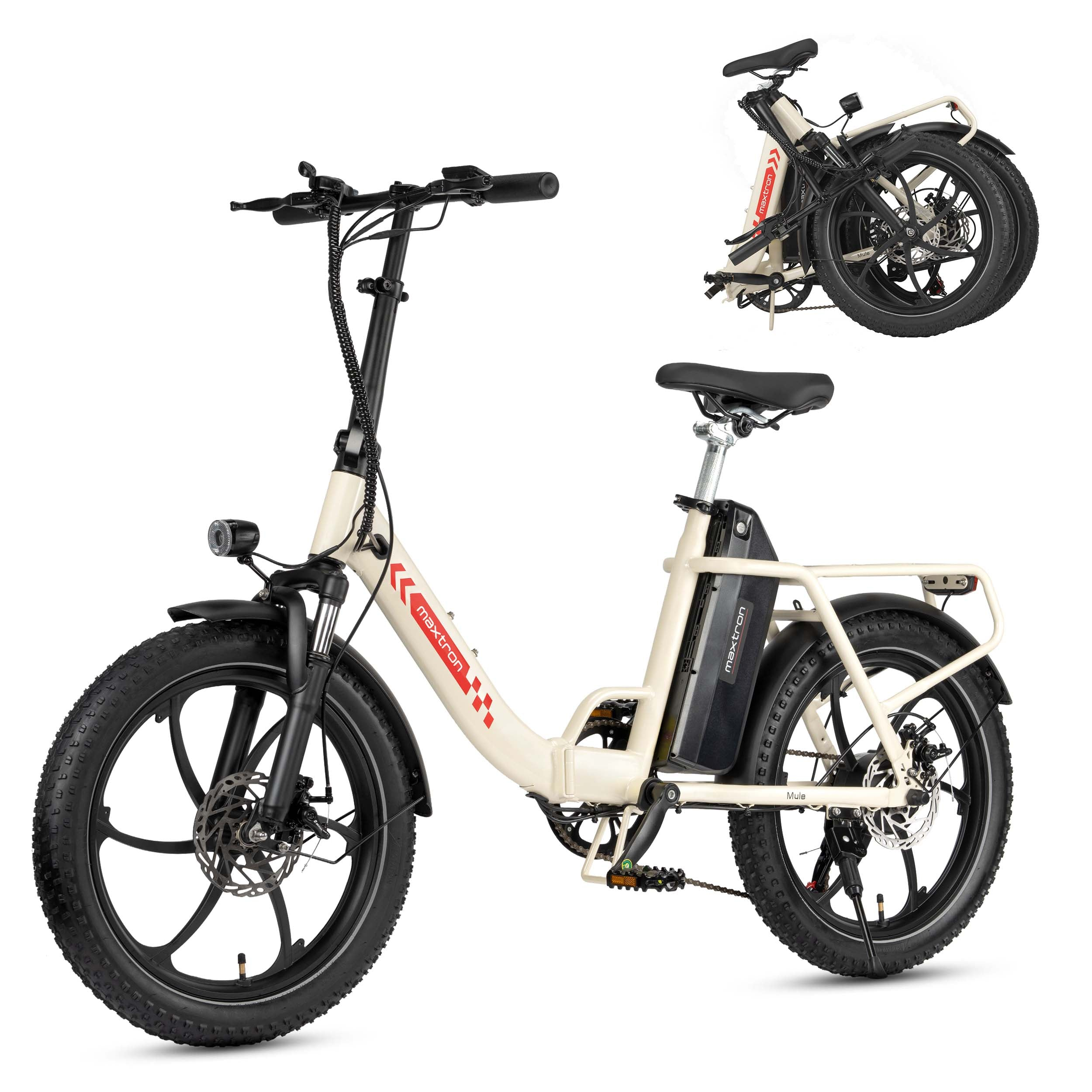 Una e-bike plegable color crema con neumáticos anchos y portaequipajes trasero.