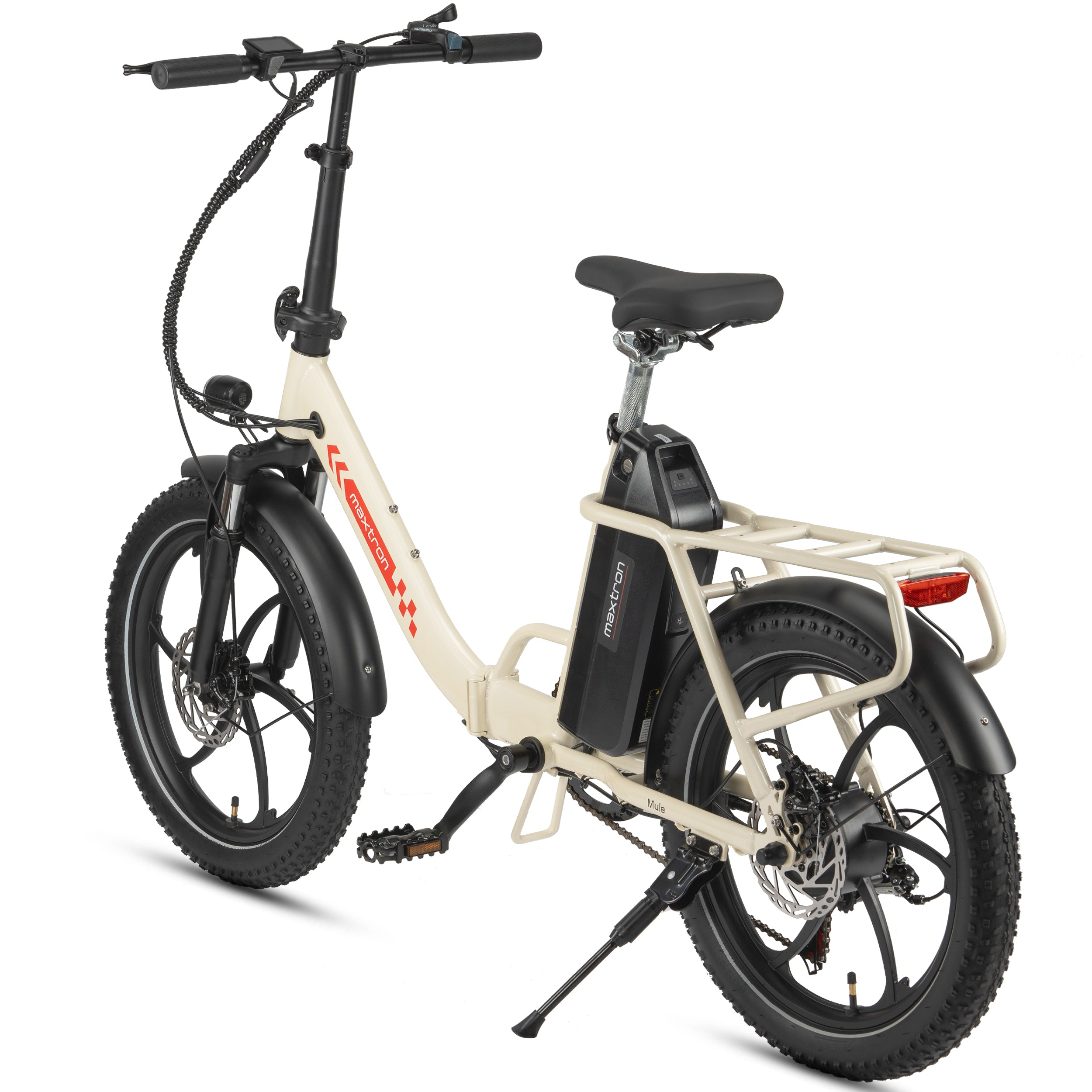 Una bicicleta eléctrica plegable color crema con neumáticos negros, portaequipajes y batería.