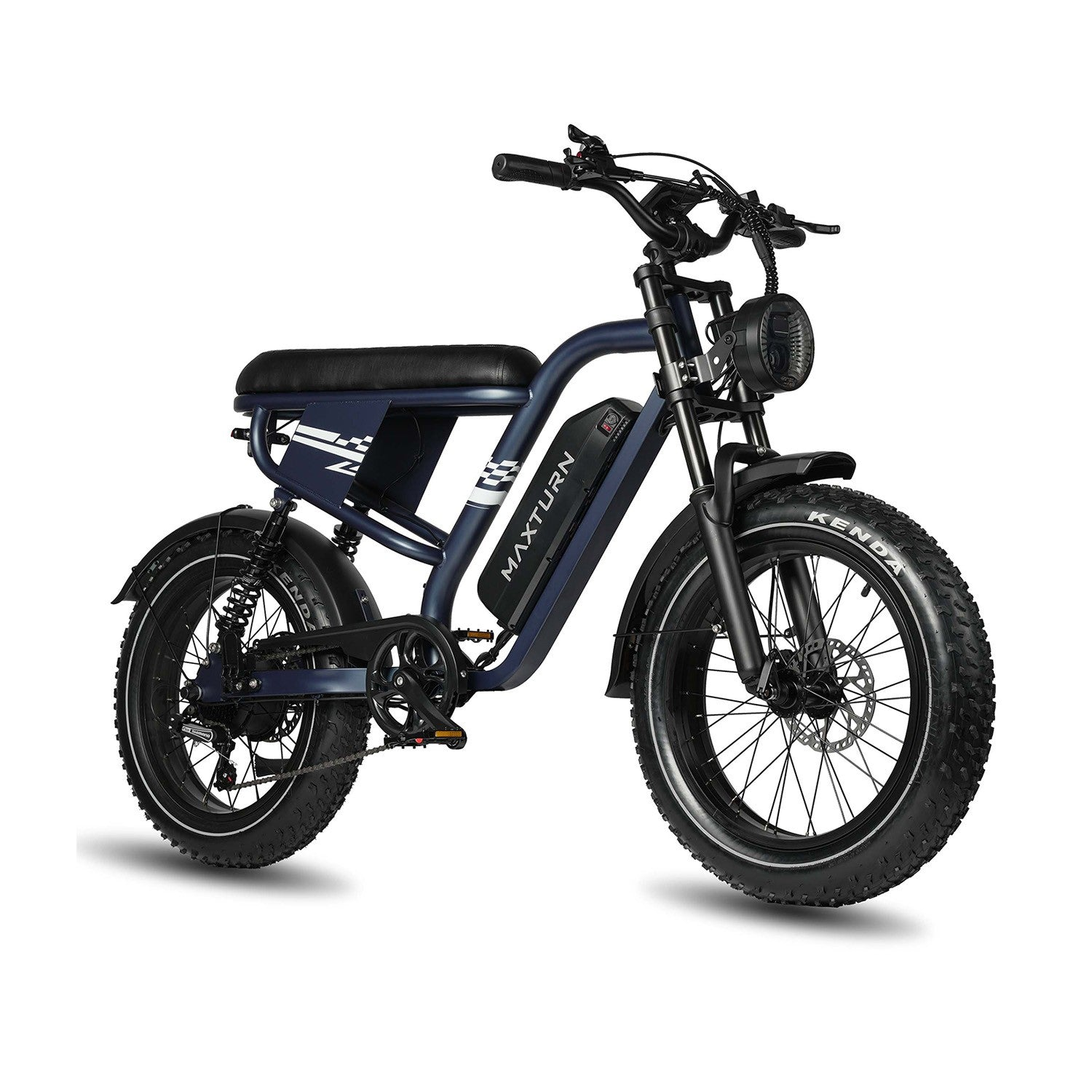 Una bicicleta eléctrica fat bike azul oscuro con asiento negro y faro.
