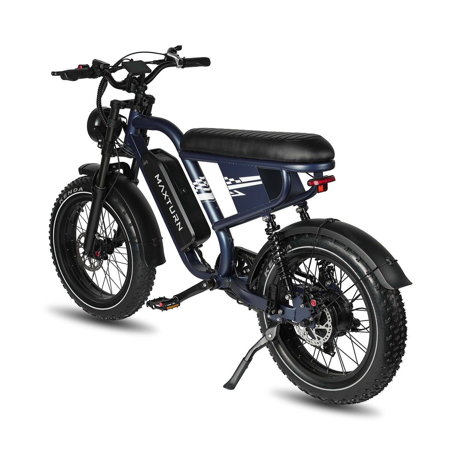 Una bicicleta eléctrica azul oscuro con llantas anchas, asiento negro y luces.