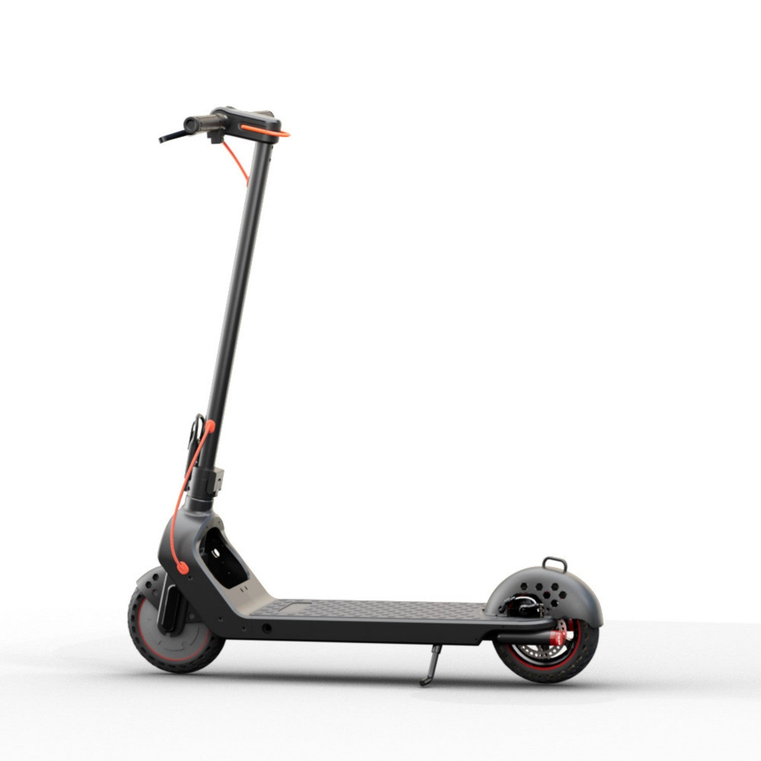 Un monopattino elettrico nero con accenti rossi su sfondo bianco.