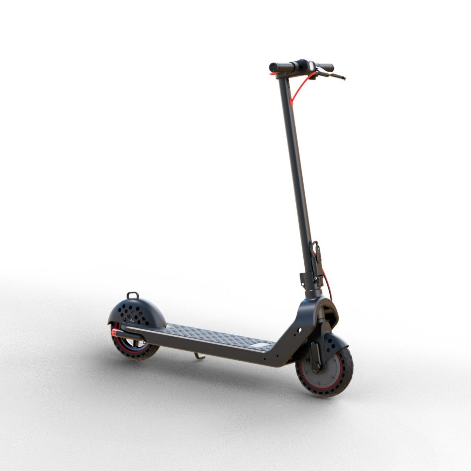 Uno scooter elettrico nero con accenti rossi su sfondo bianco.