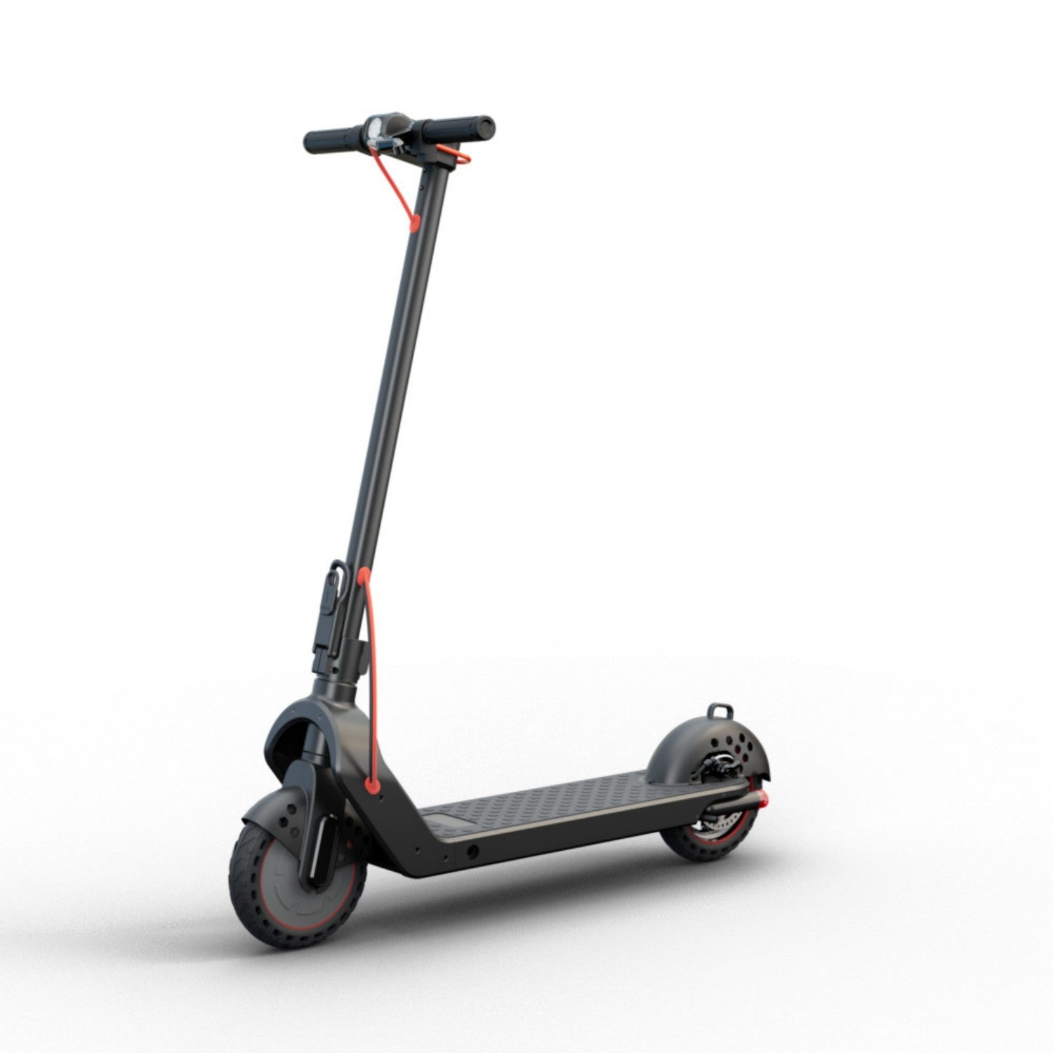 Uno scooter elettrico nero con accenti rossi su sfondo bianco.