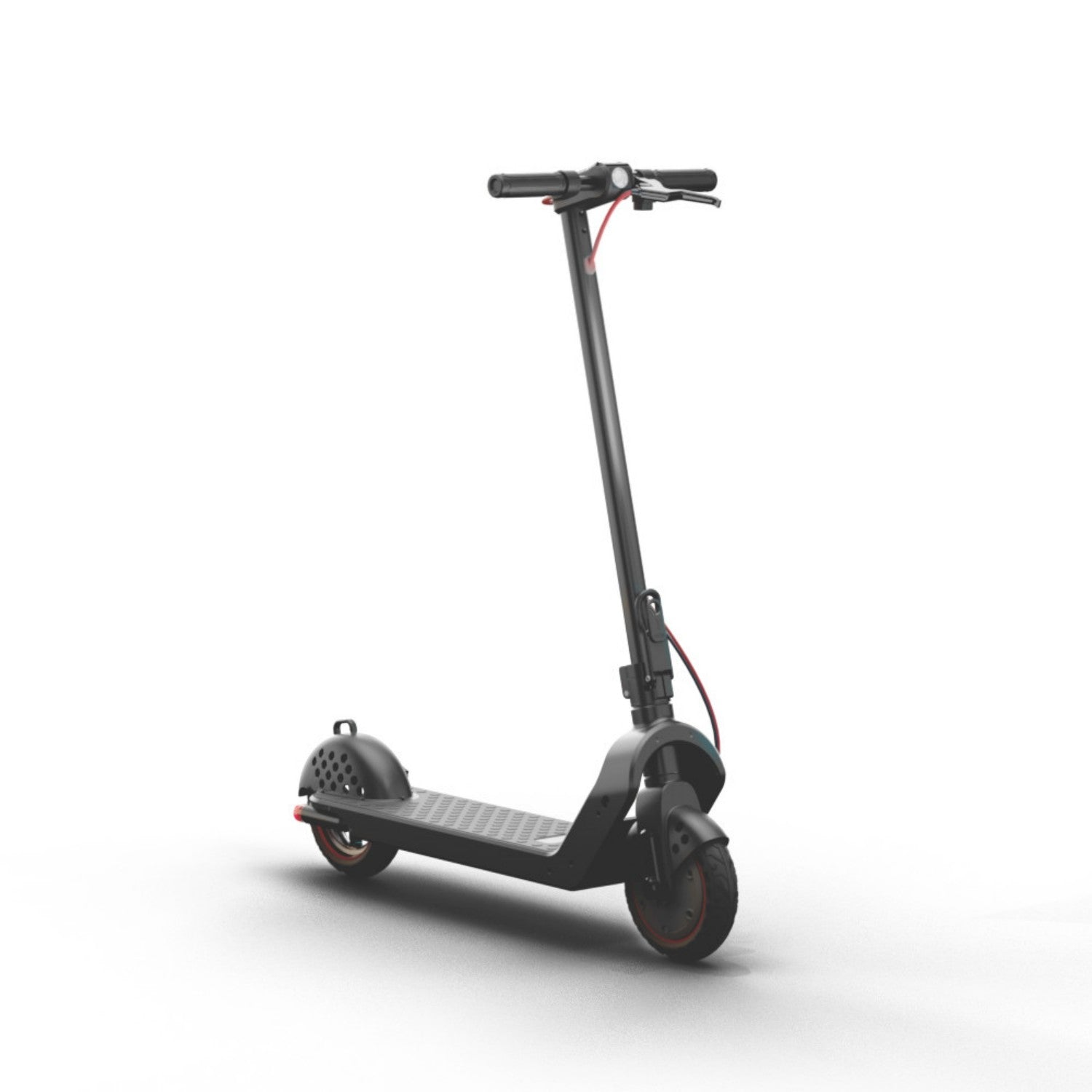 Un monopattino elettrico nero con accenti rossi su sfondo bianco.