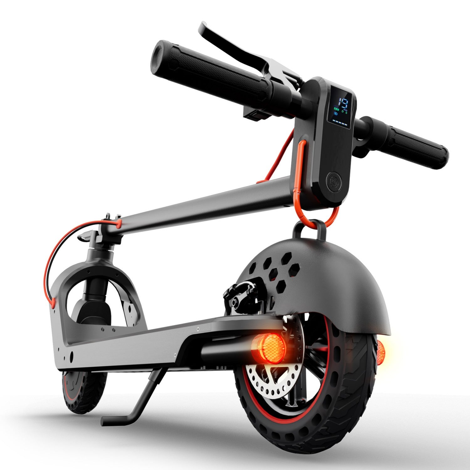Uno scooter elettrico nero con accenti rossi e display digitale.