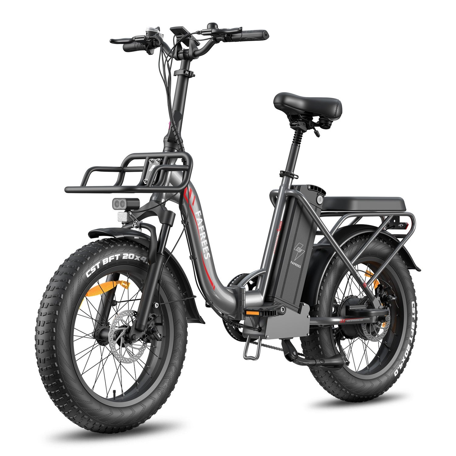 Graues E-Bike mit dicken Reifen, Gepäckträger vorne und hinten, auf weißem Hintergrund.