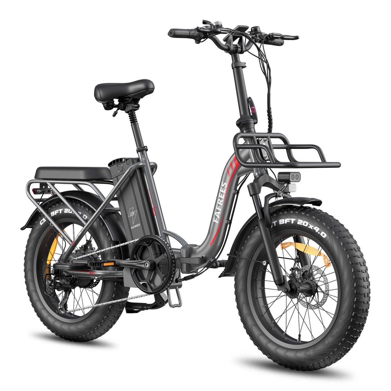 Graues faltbares E-Bike mit fetten Reifen, Gepäckträgern und Frontkorb.