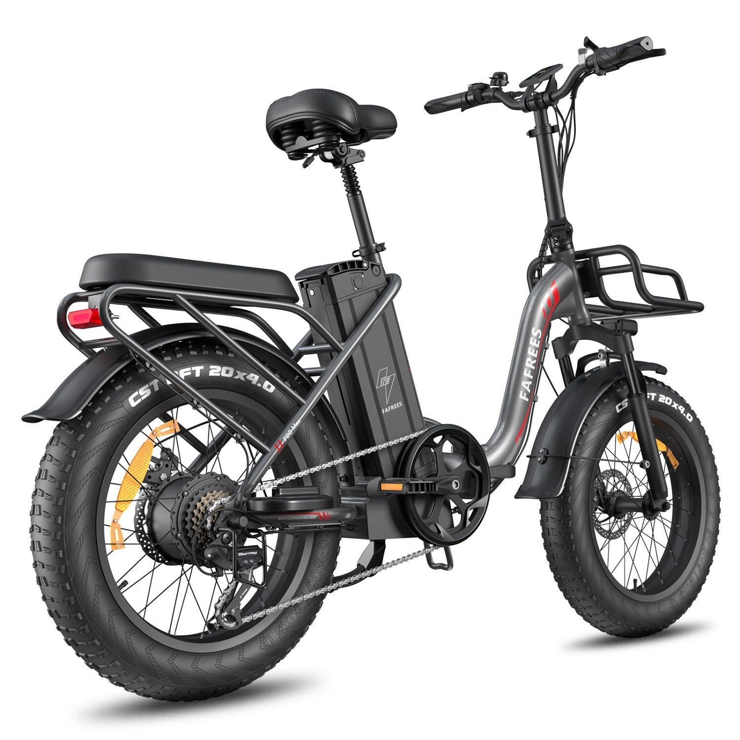Ein graues E-Fatbike mit schwarzem Sattel und Gepäckträger, weißer Hintergrund.