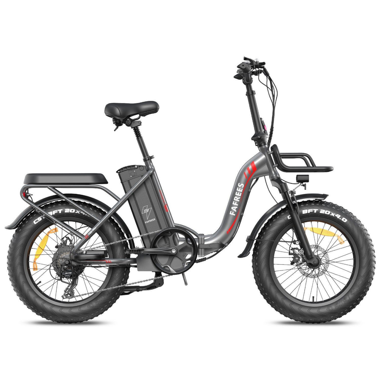 Graues E-Bike mit fetten Reifen, Gepäckträgern vorne und hinten, weißer Hintergrund.