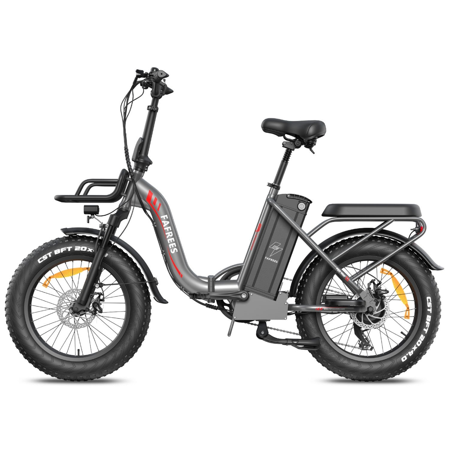 Graues E-Bike mit dicken Reifen, Gepäckträger vorne und hinten, und Akku.