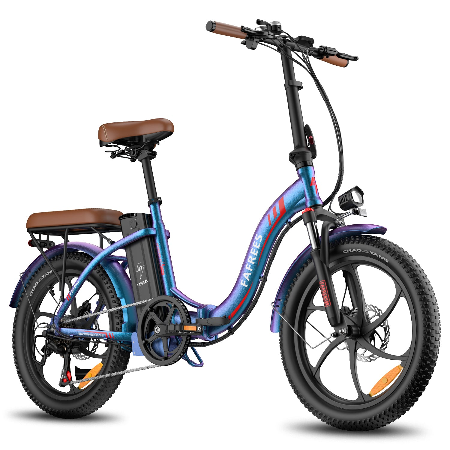Una e-bike plegable azul-morada con asientos de cuero marrón y ruedas anchas.