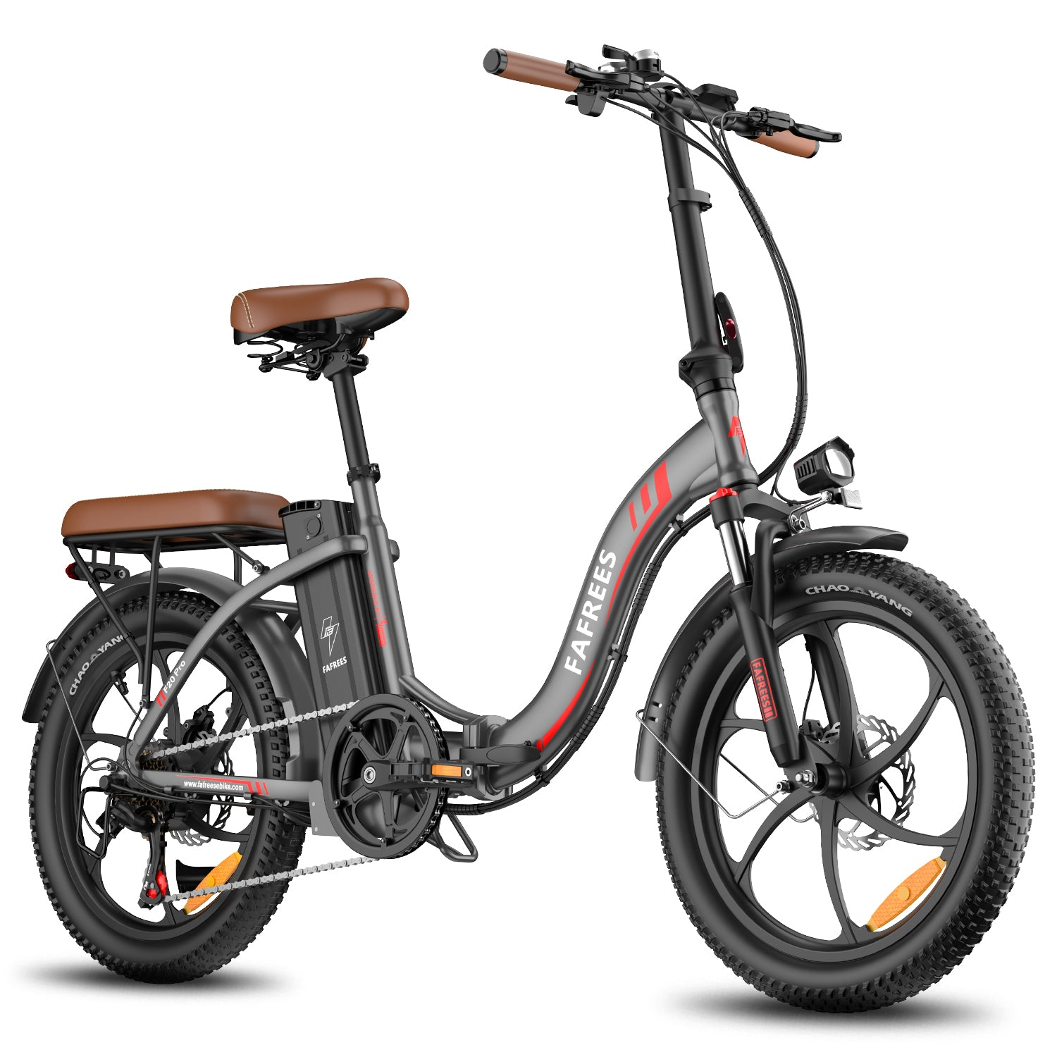 Una bicicleta eléctrica plegable gris con asientos y manillar marrones.