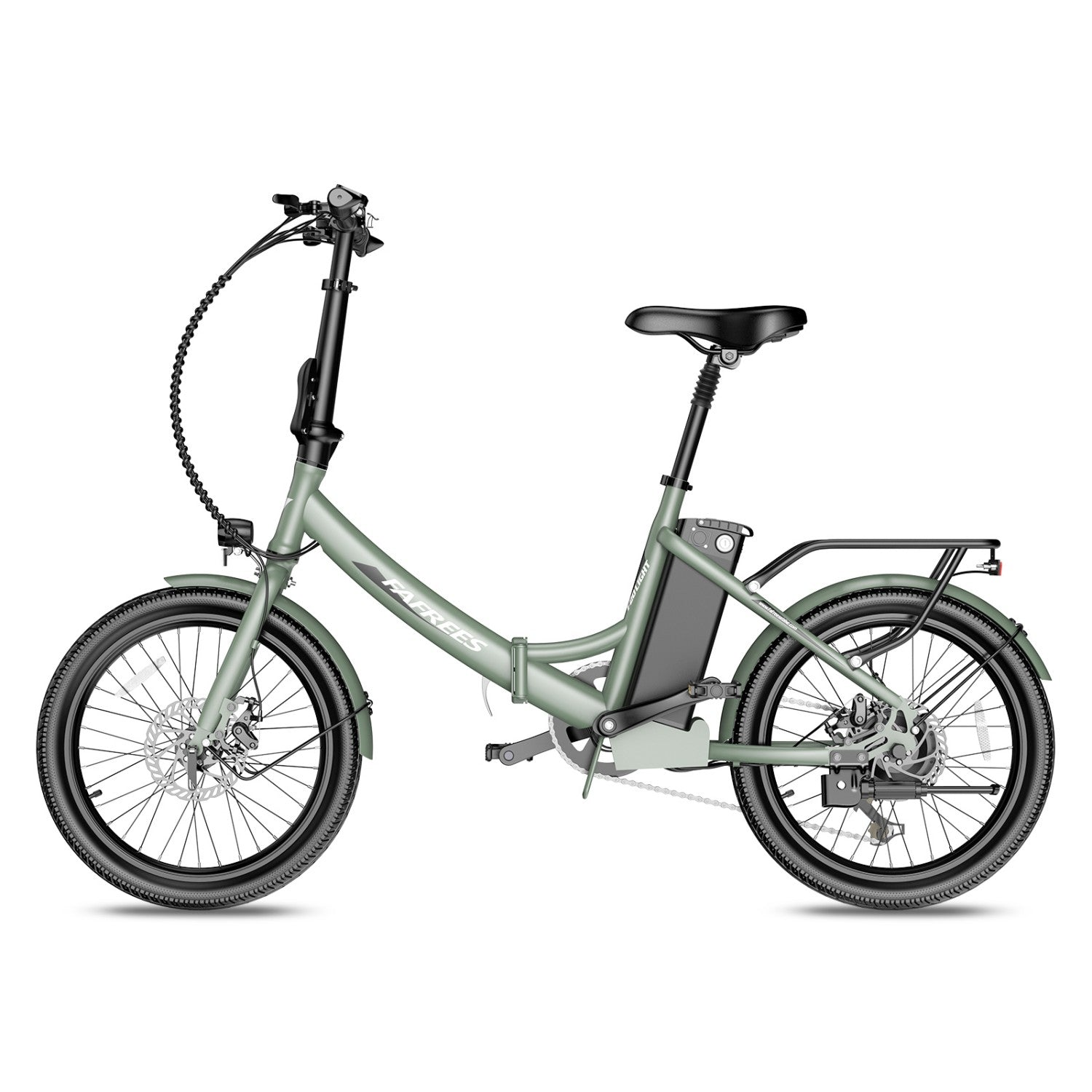 Ein hellgrünes faltbares Elektrofahrrad mit schwarzem Sattel und Gepäckträger.