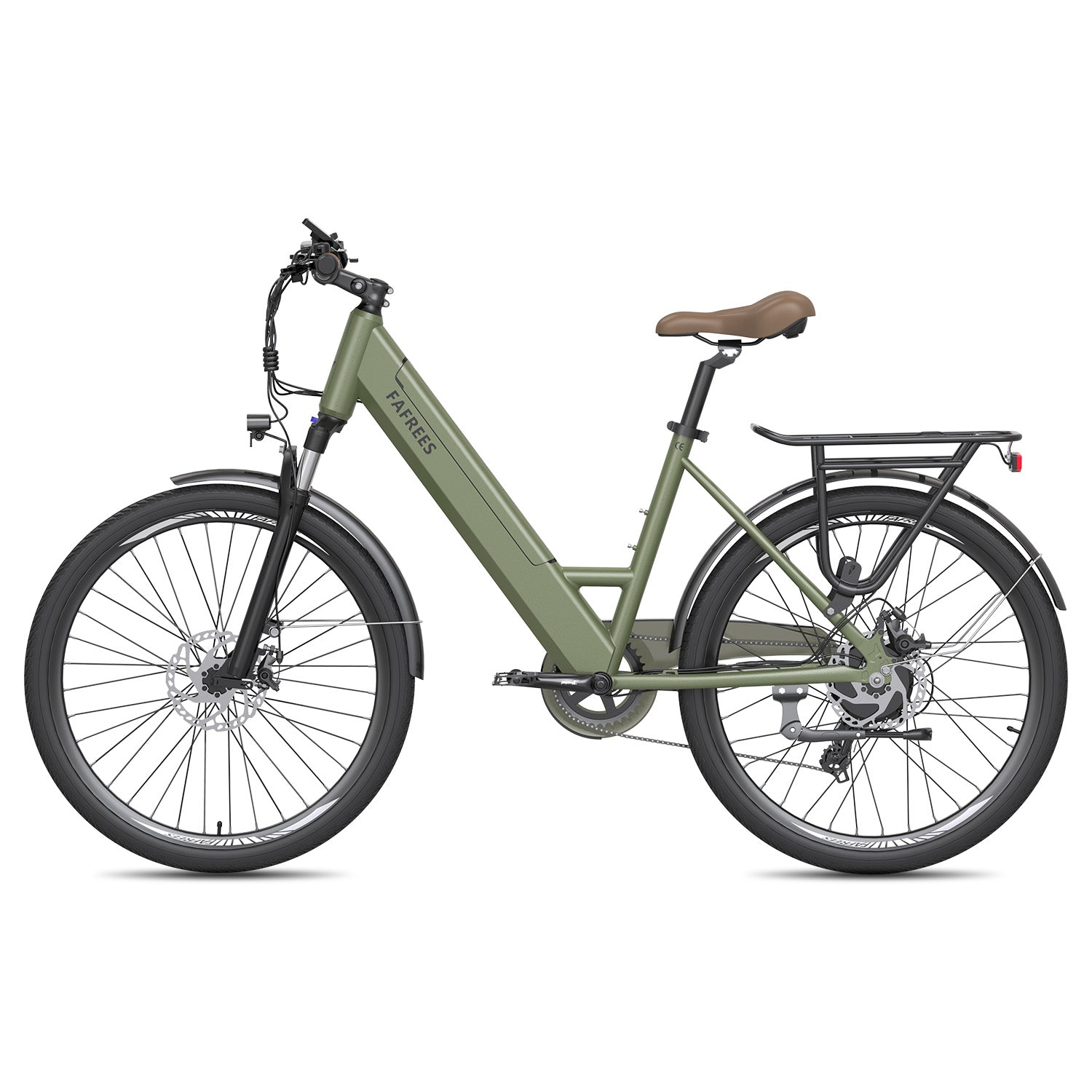 Ein olivgrünes E-Bike mit braunem Sattel, Gepäckträger und schwarzen Reifen.