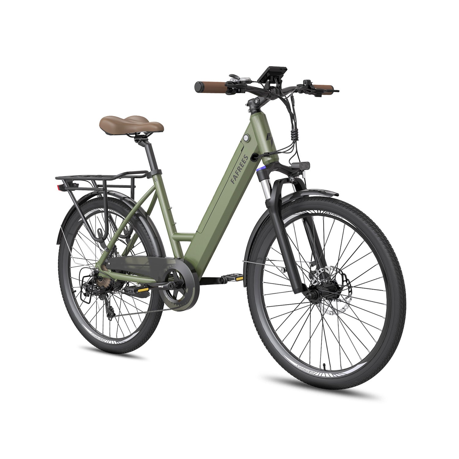 Ein grünes Fahrrad mit braunem Sattel und braunen Griffen steht vor weißem Hintergrund.
