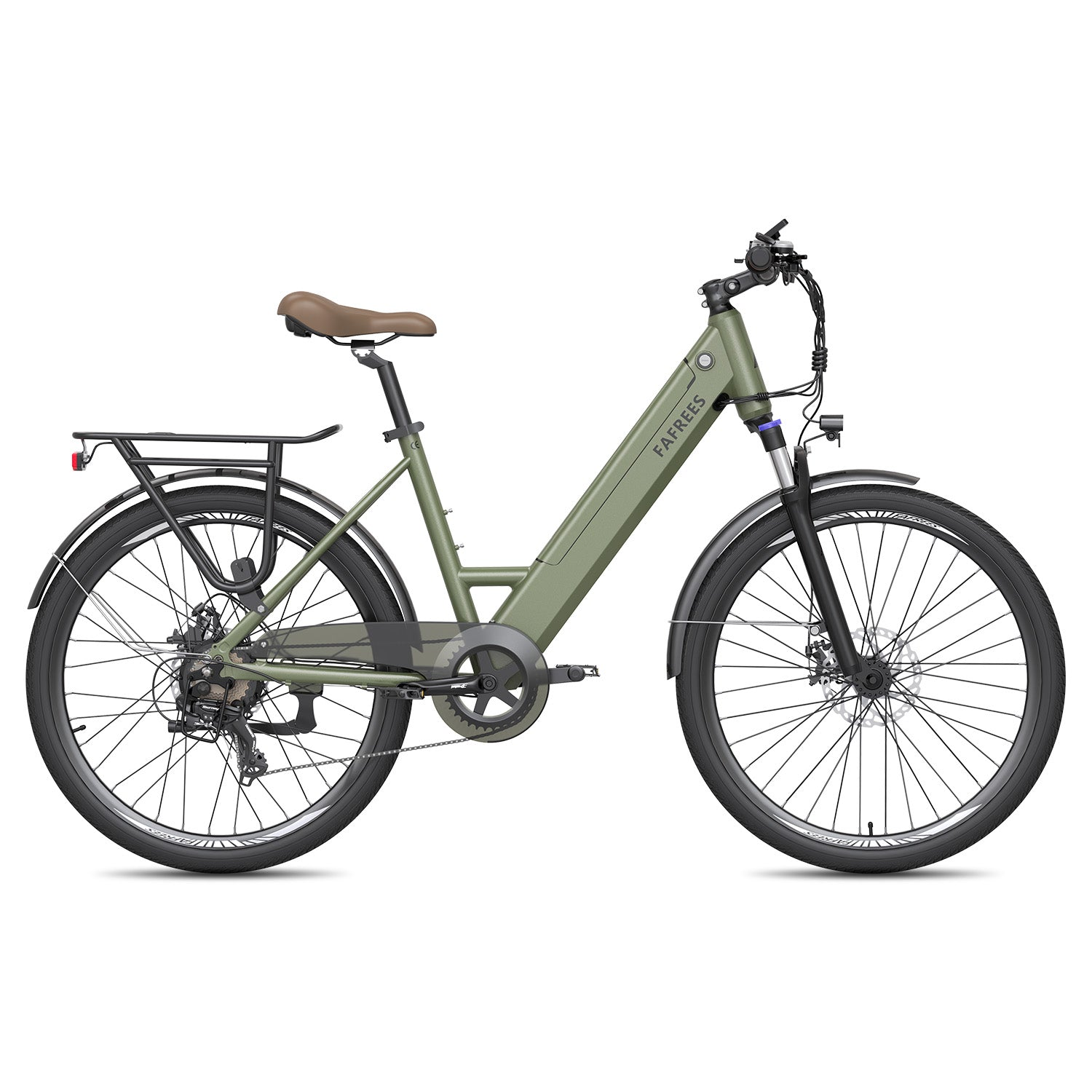 Ein olivgrünes E-Bike mit braunem Sattel, Gepäckträger und Schutzblechen.