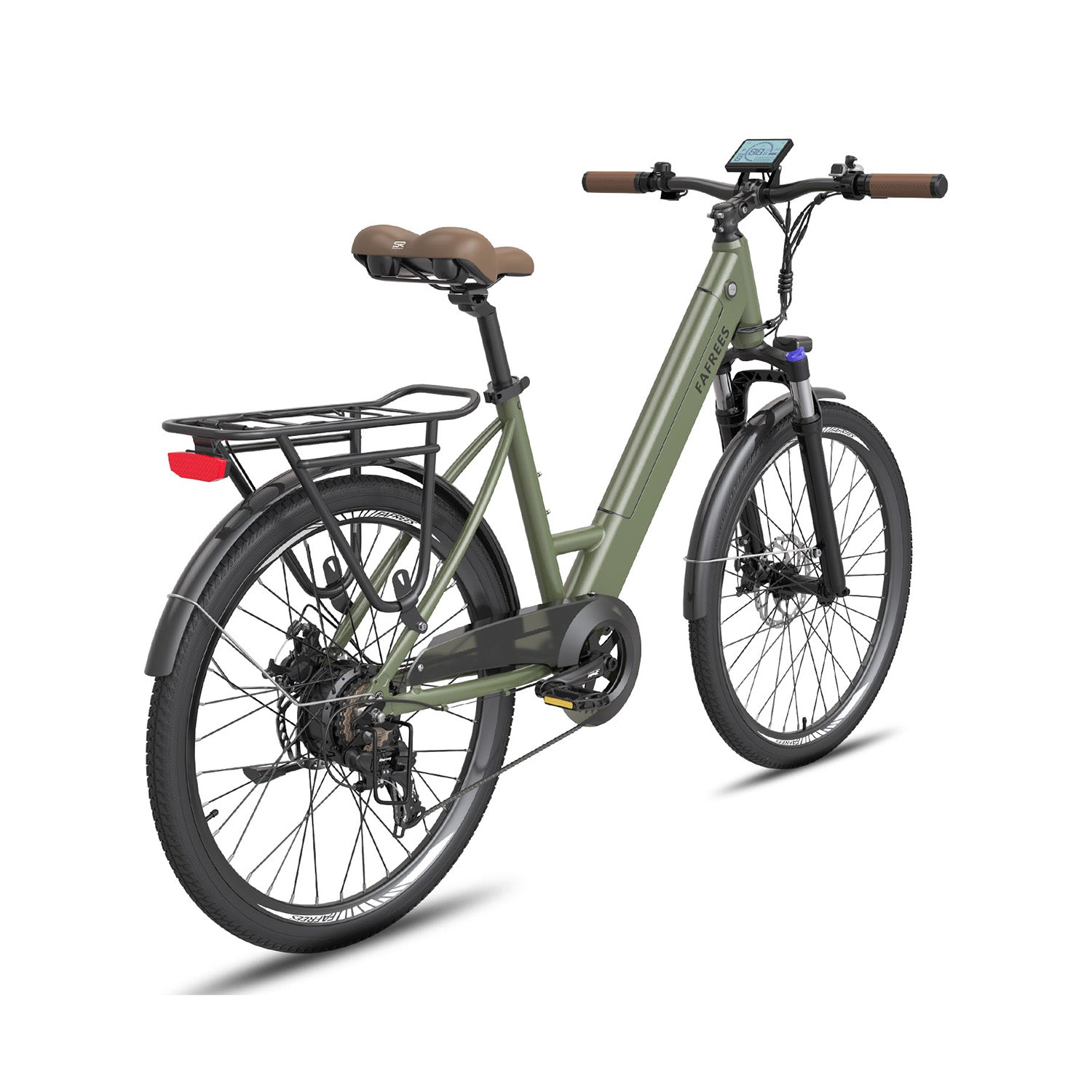 Ein olivgrünes E-Bike mit braunem Sattel, Gepäckträger und Display.