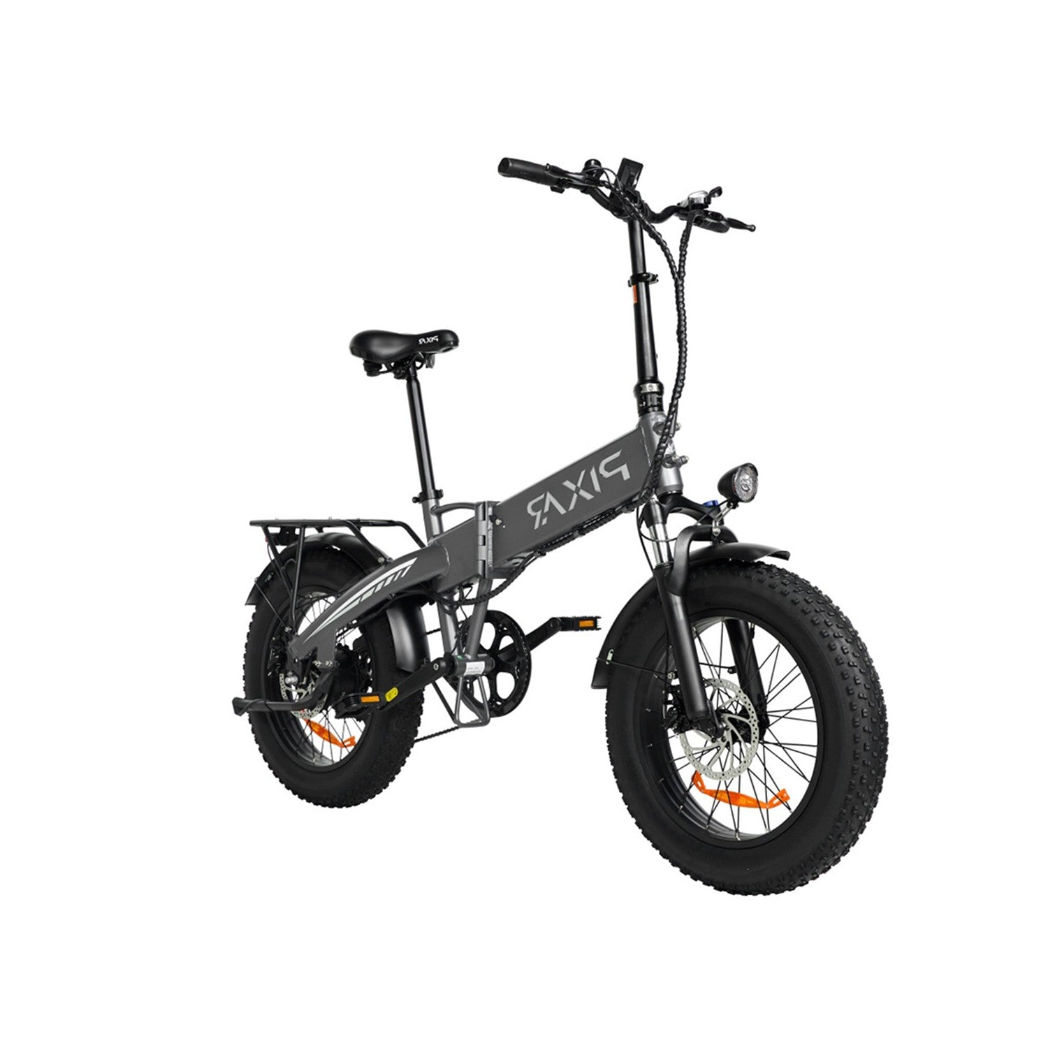 Una bicicleta eléctrica plegable gris con neumáticos anchos y portabultos.