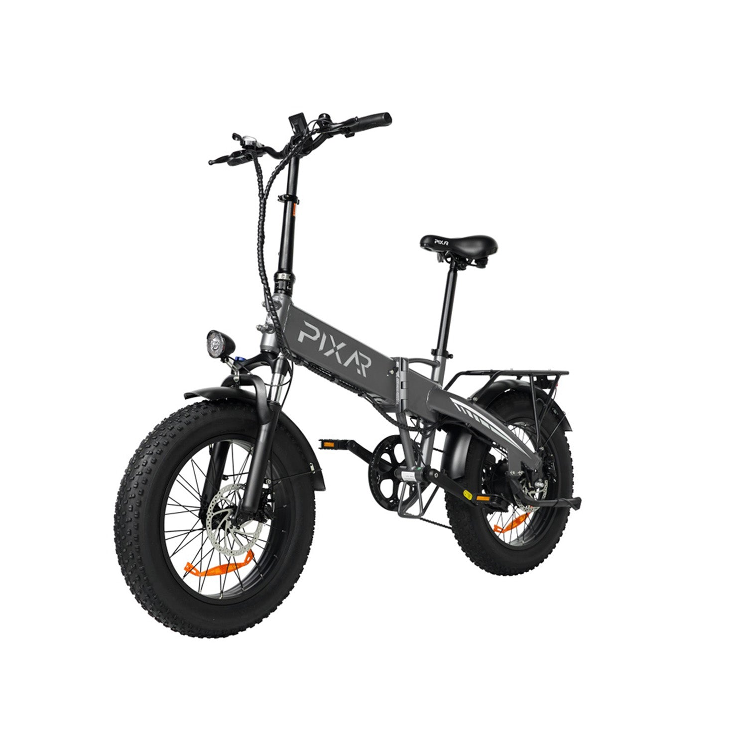 Una bicicleta eléctrica plegable gris con neumáticos anchos y portabultos.