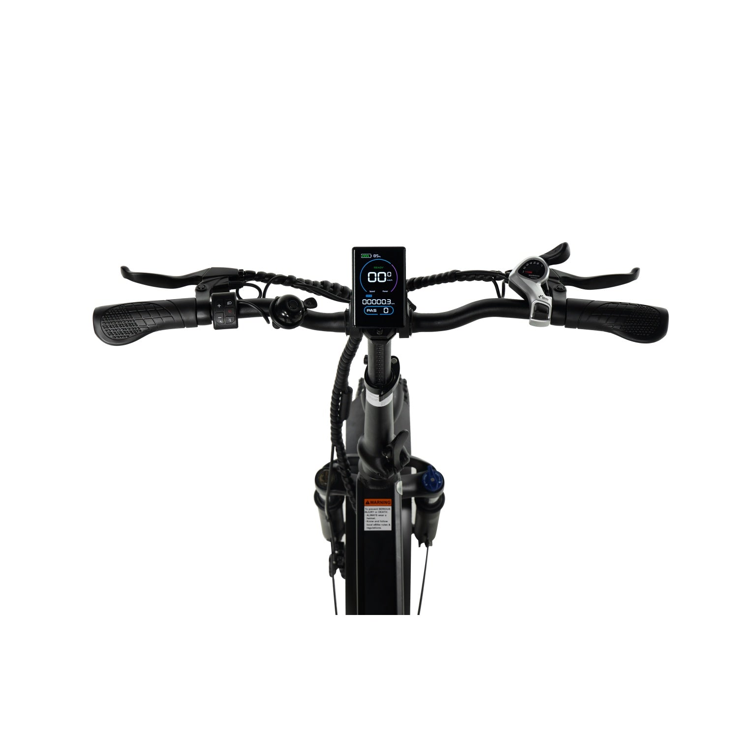 Manillar de bicicleta eléctrica con pantalla, manetas de freno y timbre.