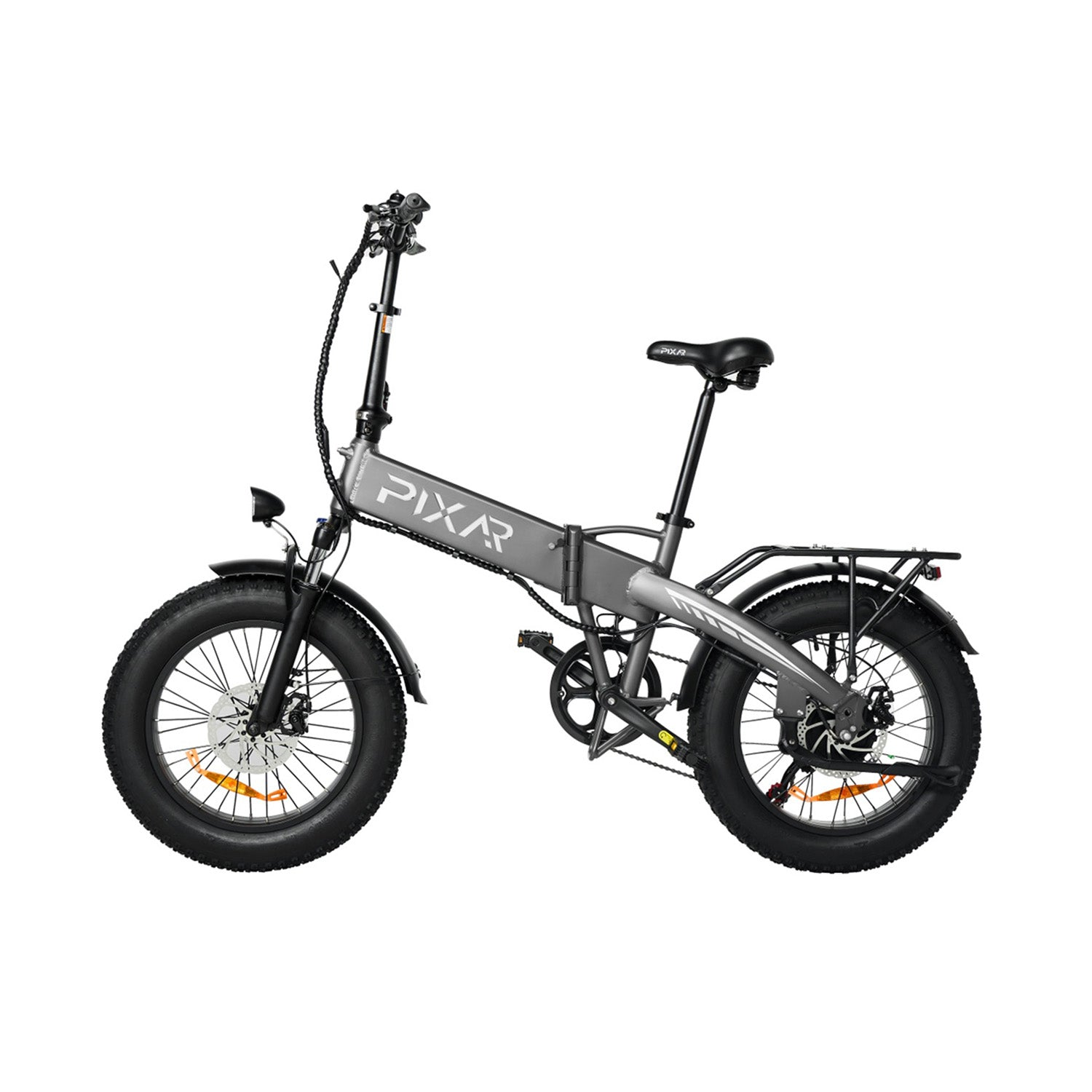 Bicicleta eléctrica plegable gris con neumáticos anchos y portabultos.